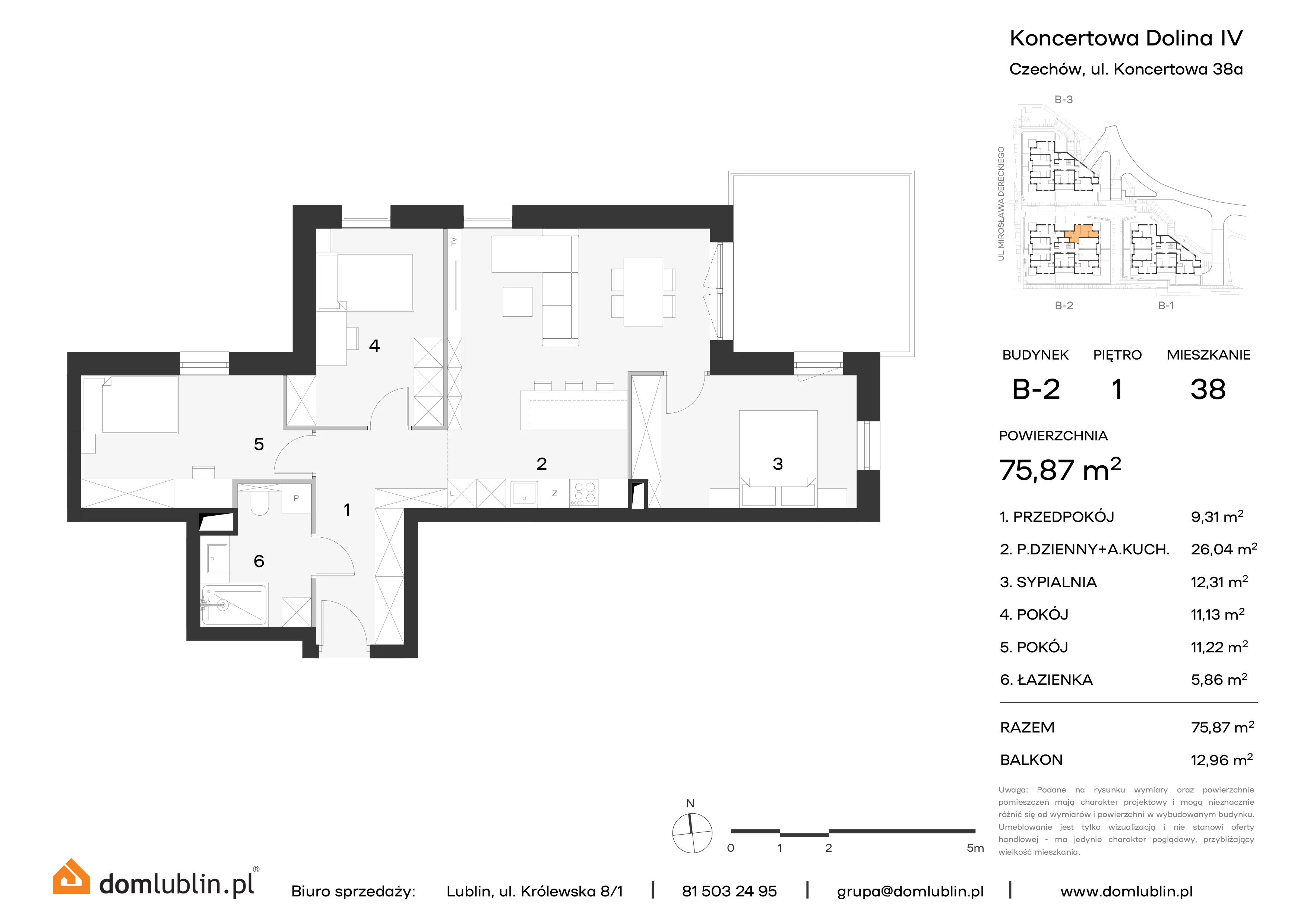 4 pokoje, mieszkanie 75,87 m², piętro 1, oferta nr B2/38, Osiedle Koncertowa Dolina, Lublin, Czechów Północny, Choiny, ul. Koncertowa