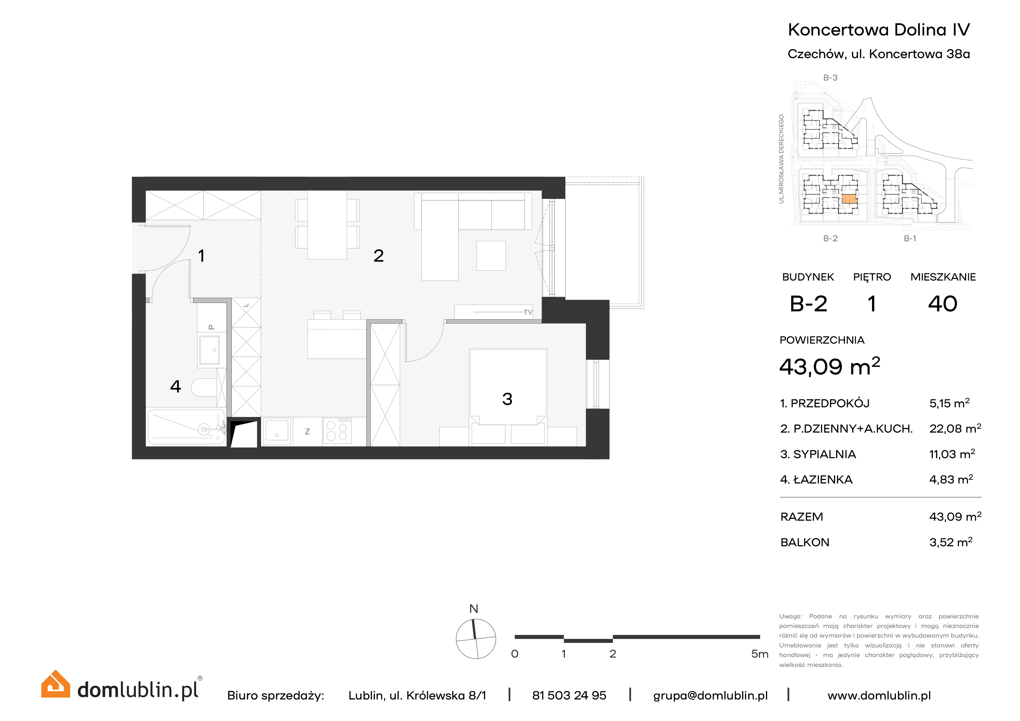 Mieszkanie 43,09 m², piętro 1, oferta nr B2/40, Osiedle Koncertowa Dolina, Lublin, Czechów Północny, Choiny, ul. Koncertowa