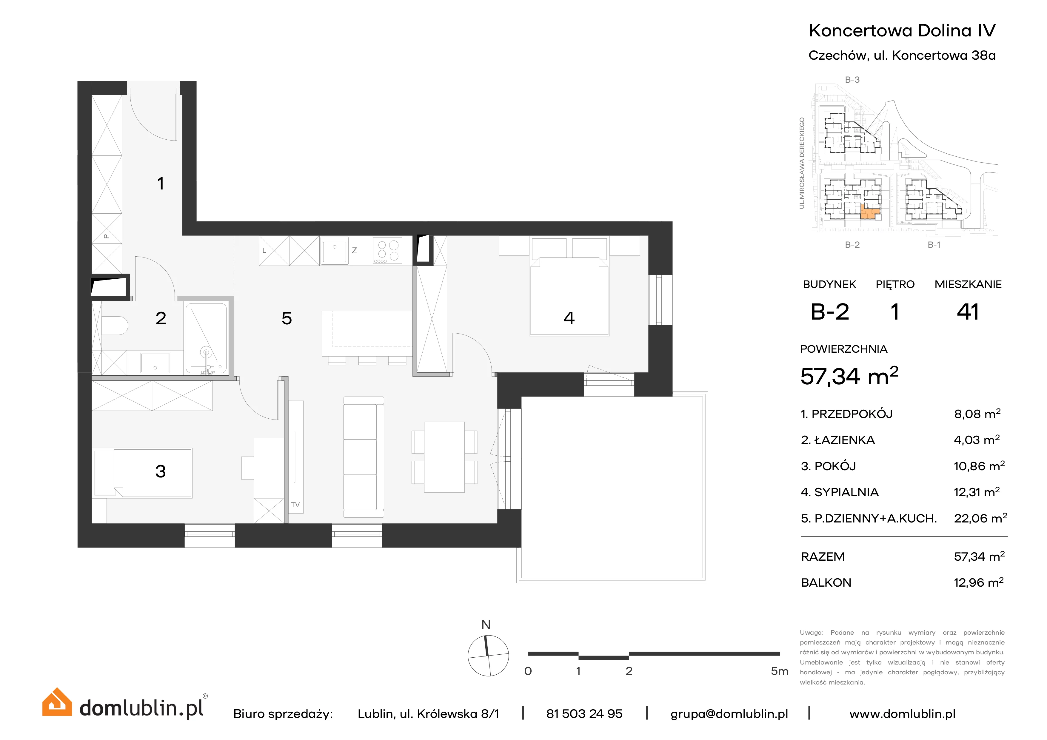 3 pokoje, mieszkanie 57,34 m², piętro 1, oferta nr B2/41, Osiedle Koncertowa Dolina, Lublin, Czechów Północny, Choiny, ul. Koncertowa