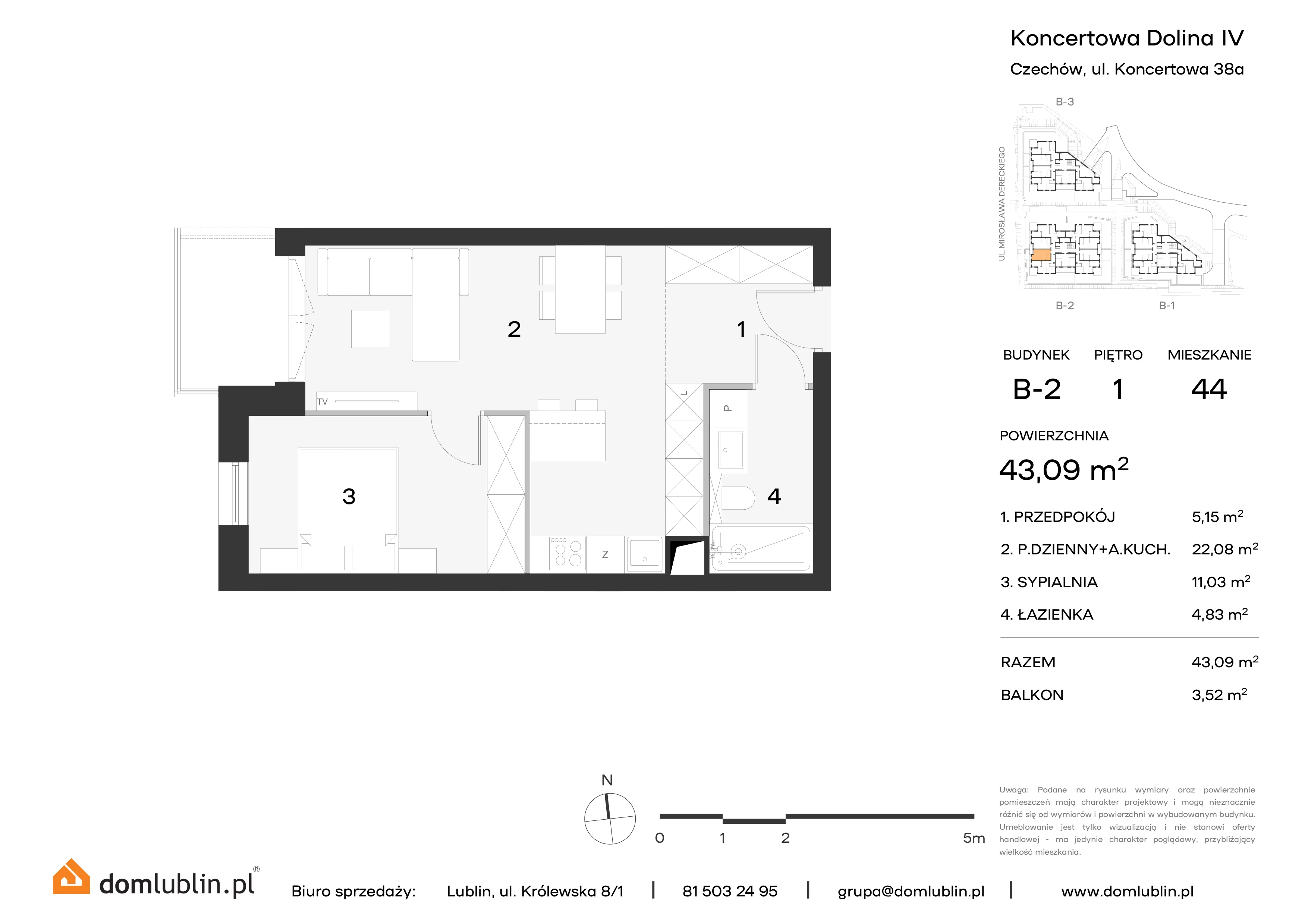 Mieszkanie 43,09 m², piętro 1, oferta nr B2/44, Osiedle Koncertowa Dolina, Lublin, Czechów Północny, Choiny, ul. Koncertowa