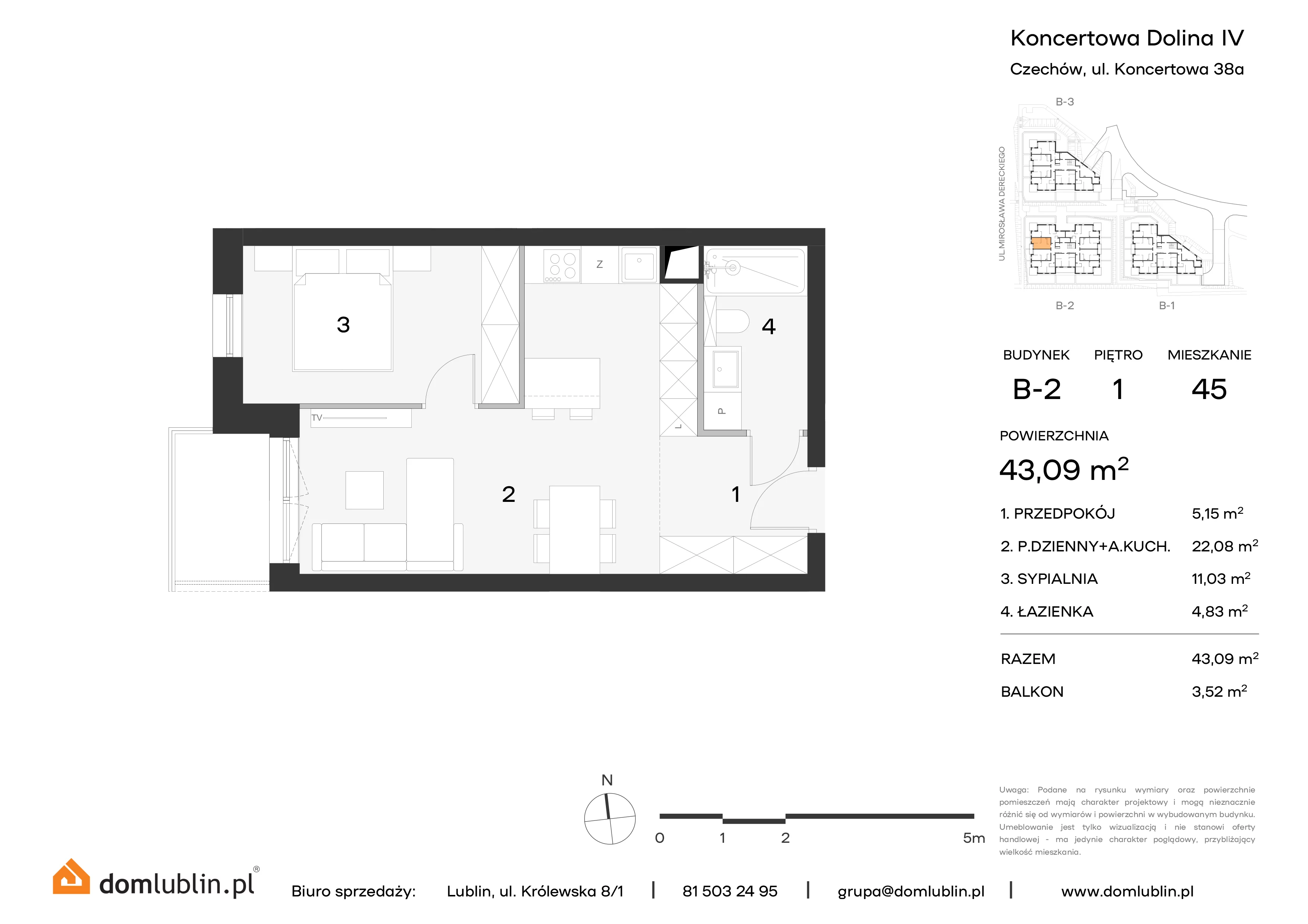 2 pokoje, mieszkanie 43,09 m², piętro 1, oferta nr B2/45, Osiedle Koncertowa Dolina, Lublin, Czechów Północny, Choiny, ul. Koncertowa