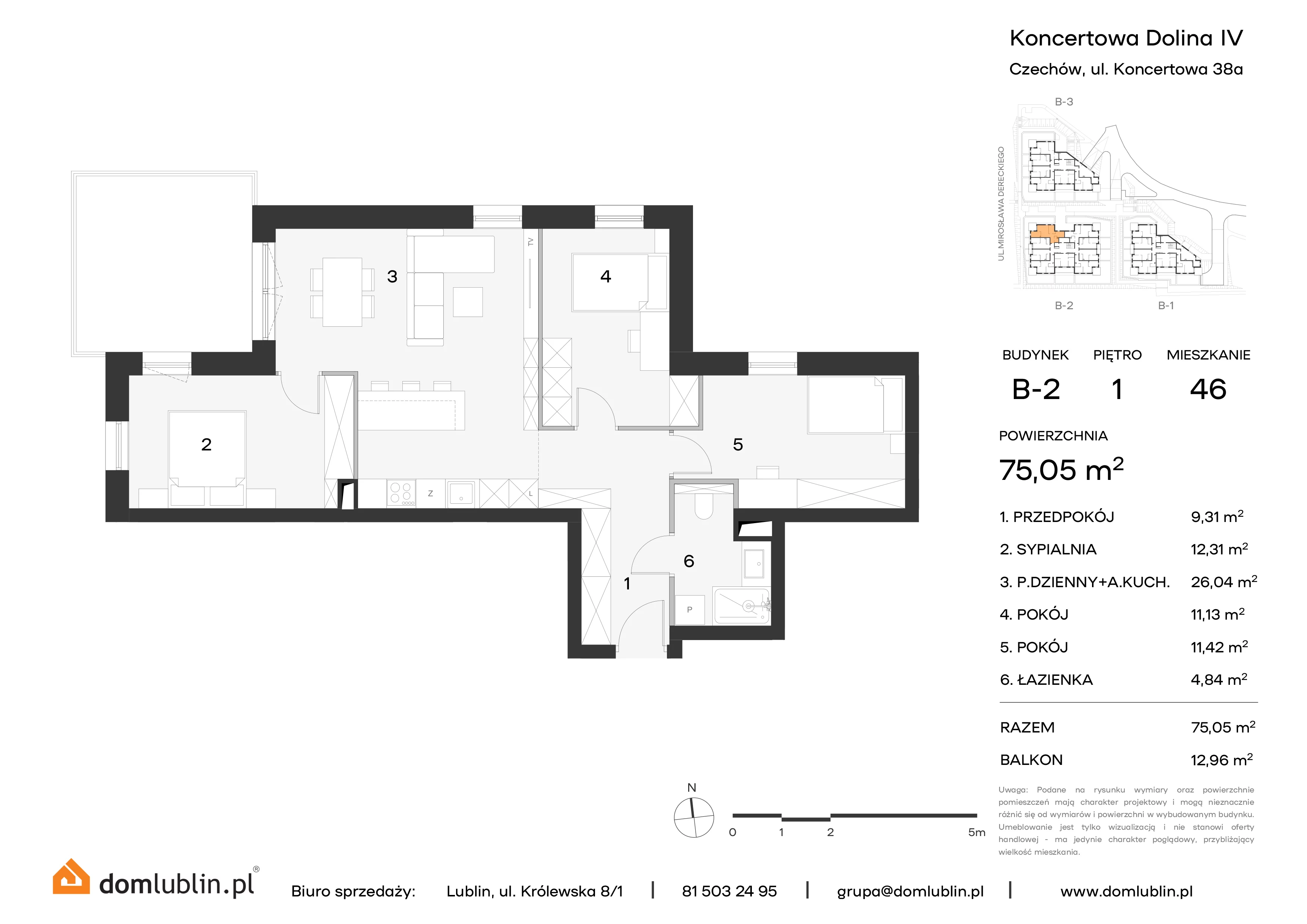 4 pokoje, mieszkanie 75,05 m², piętro 1, oferta nr B2/46, Osiedle Koncertowa Dolina, Lublin, Czechów Północny, Choiny, ul. Koncertowa