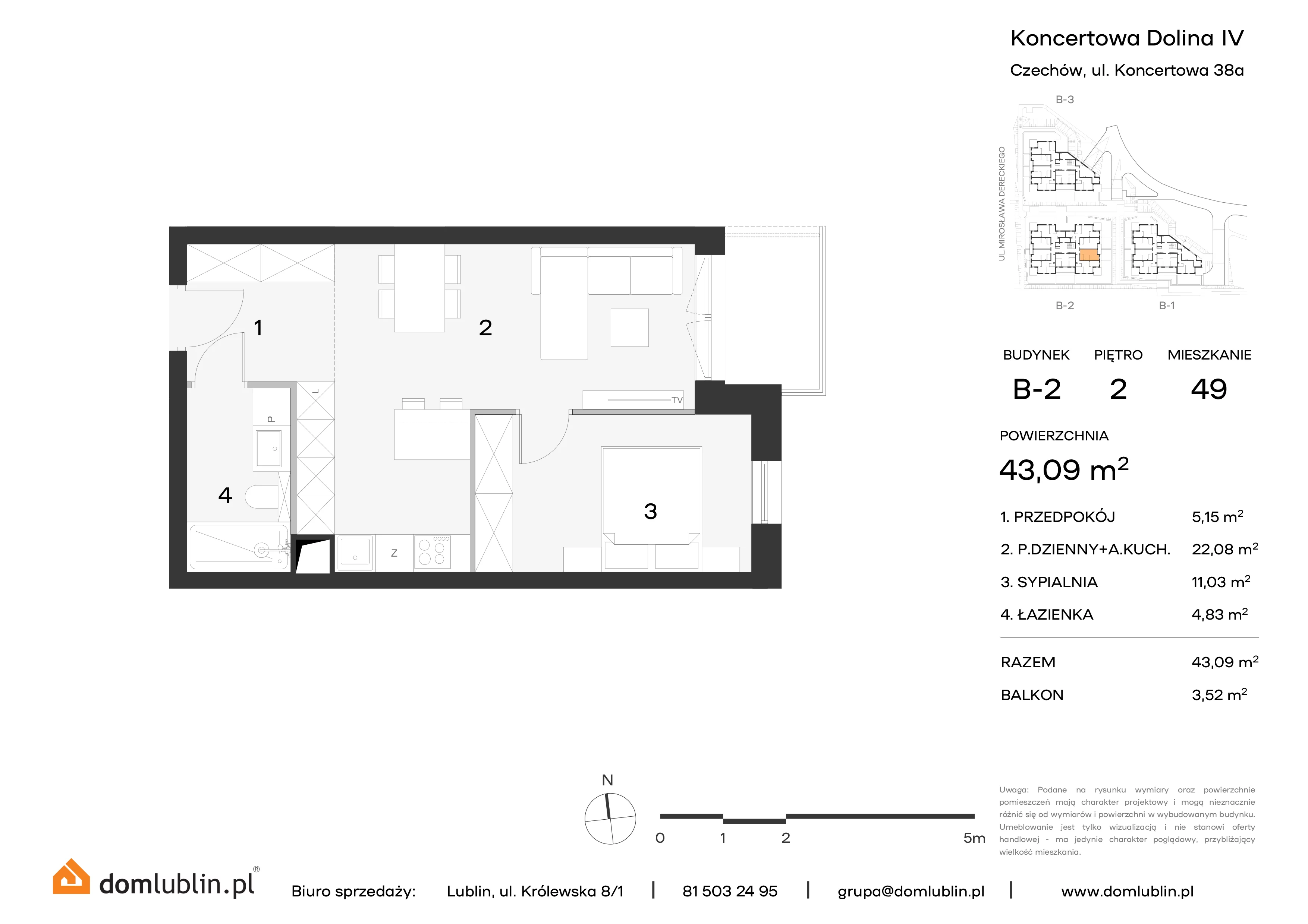 Mieszkanie 43,09 m², piętro 2, oferta nr B2/49, Osiedle Koncertowa Dolina, Lublin, Czechów Północny, Choiny, ul. Koncertowa