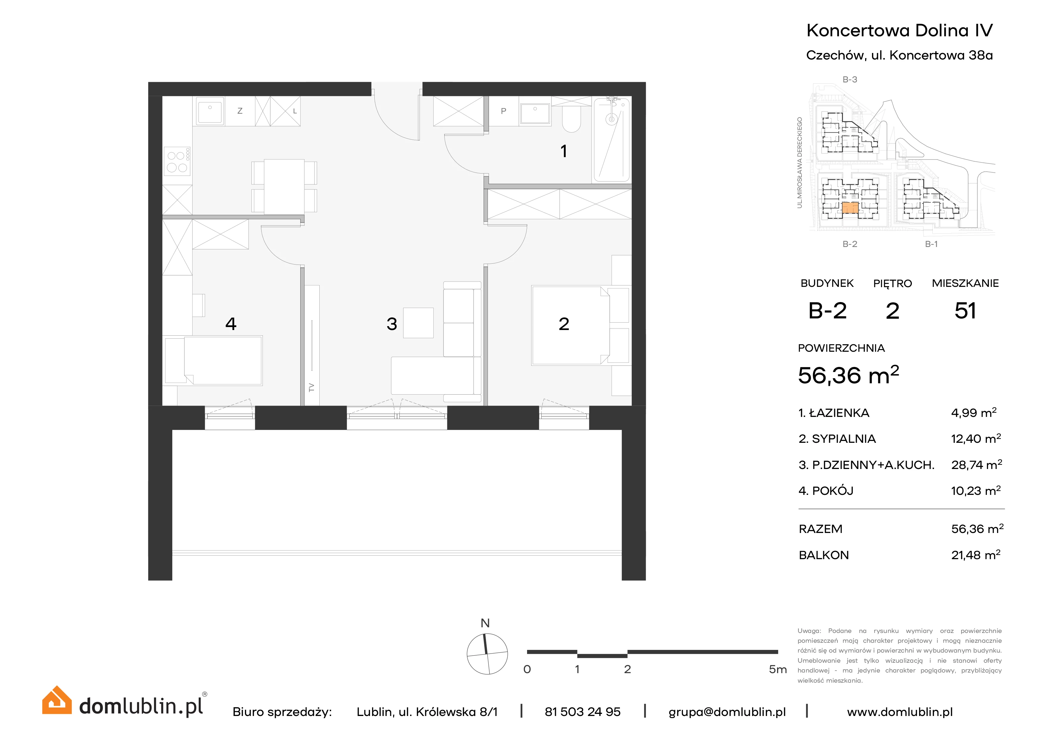 3 pokoje, mieszkanie 56,36 m², piętro 2, oferta nr B2/51, Osiedle Koncertowa Dolina, Lublin, Czechów Północny, Choiny, ul. Koncertowa