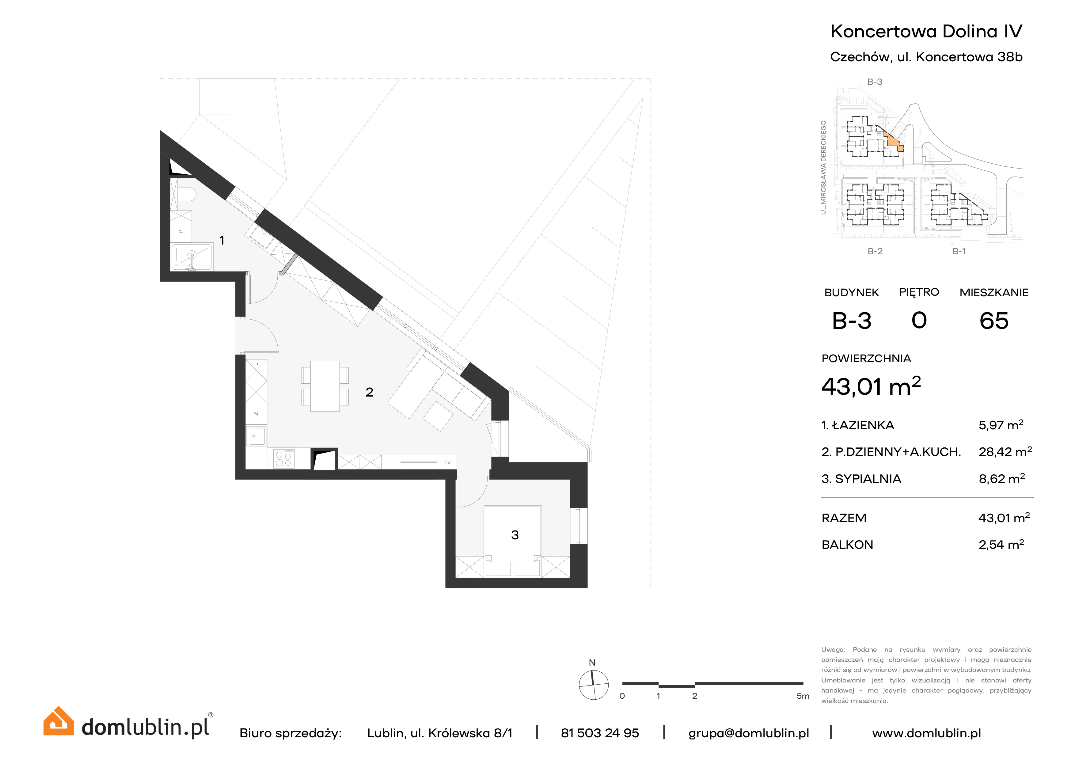 Mieszkanie 43,01 m², parter, oferta nr B3/65, Osiedle Koncertowa Dolina, Lublin, Czechów Północny, Choiny, ul. Koncertowa