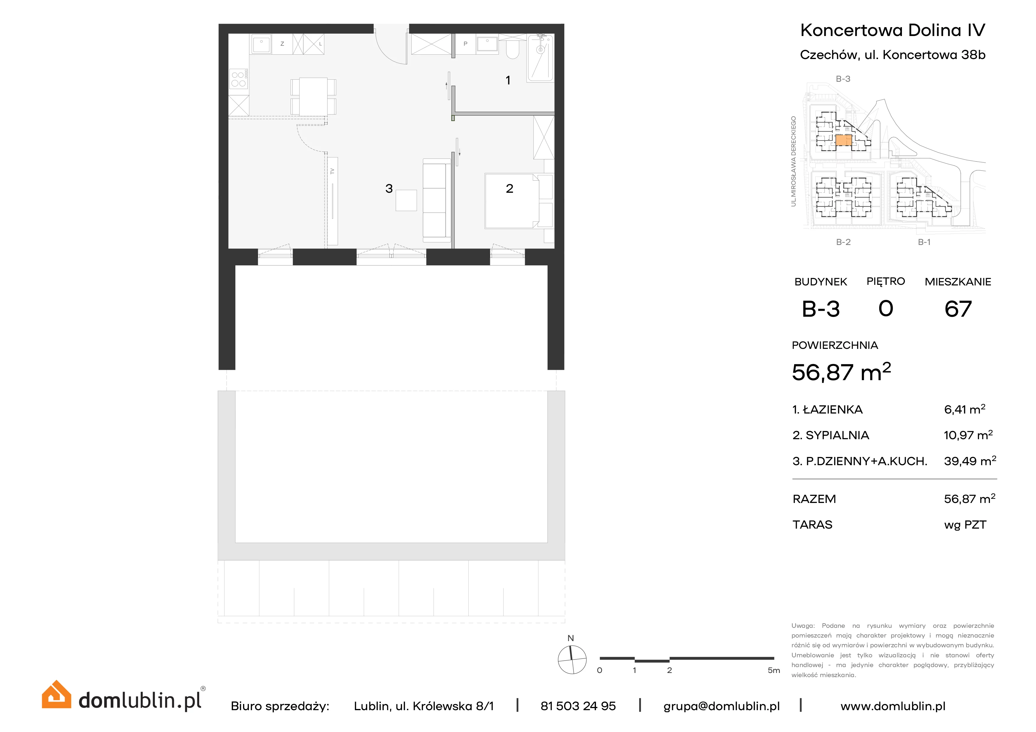 3 pokoje, mieszkanie 56,87 m², parter, oferta nr B3/67, Osiedle Koncertowa Dolina, Lublin, Czechów Północny, Choiny, ul. Koncertowa