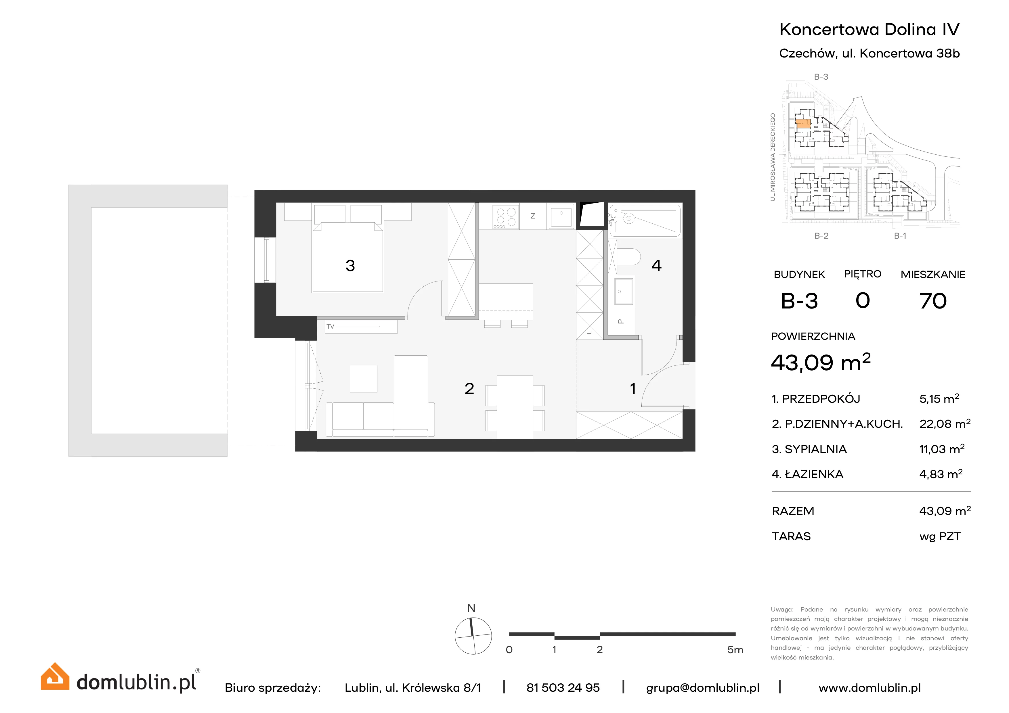 Mieszkanie 43,09 m², parter, oferta nr B3/70, Osiedle Koncertowa Dolina, Lublin, Czechów Północny, Choiny, ul. Koncertowa