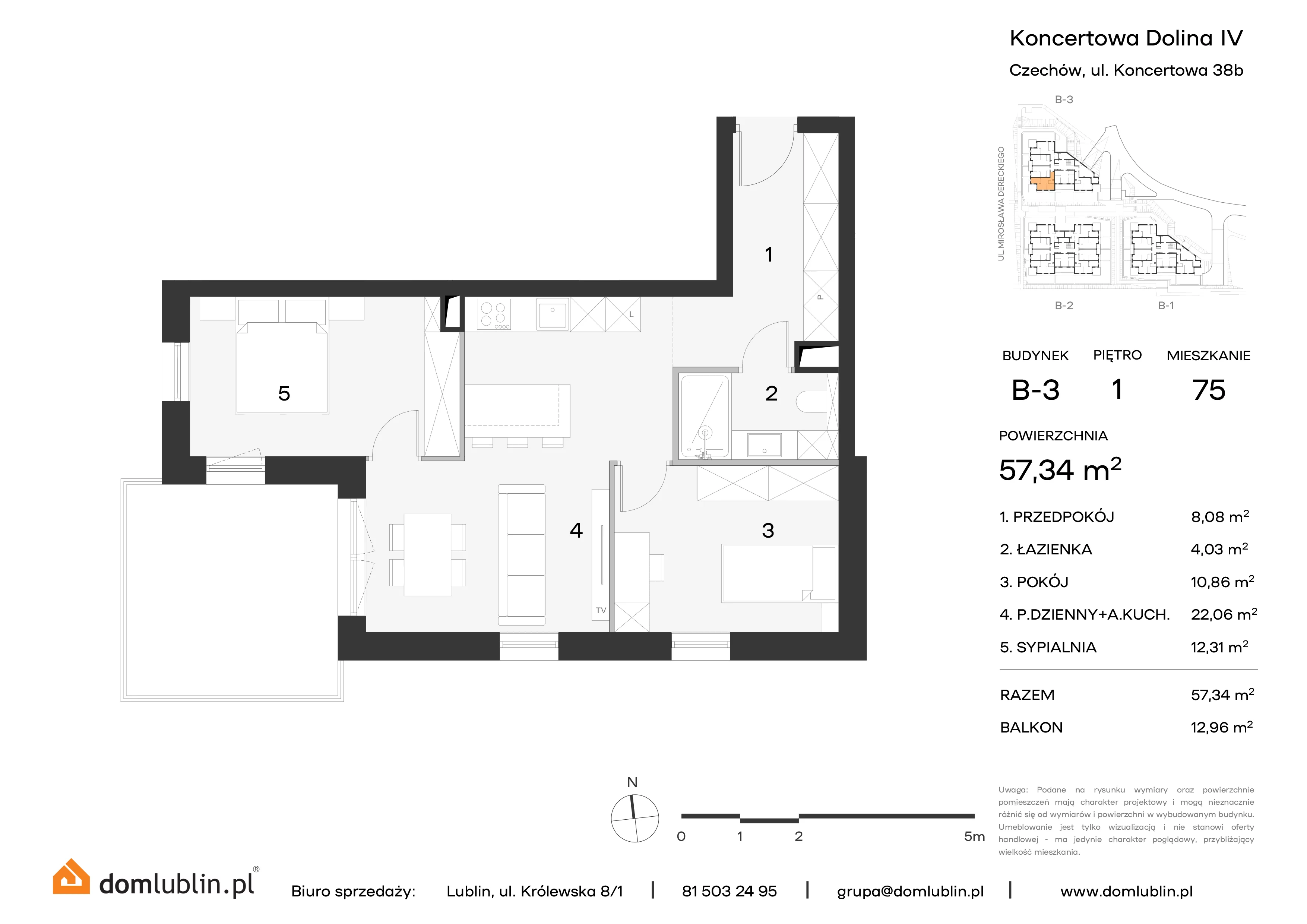 3 pokoje, mieszkanie 57,34 m², piętro 1, oferta nr B3/75, Osiedle Koncertowa Dolina, Lublin, Czechów Północny, Choiny, ul. Koncertowa