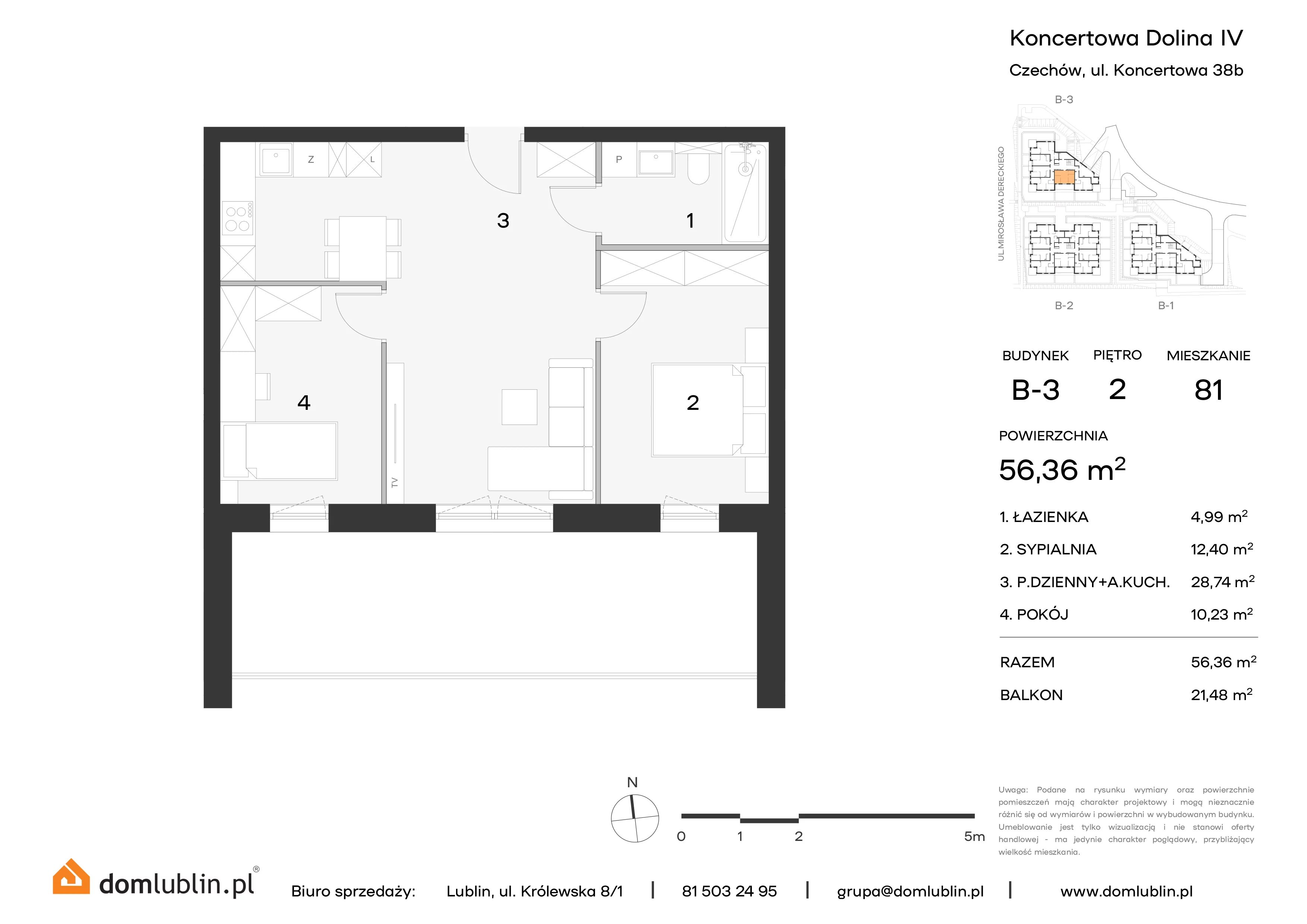 3 pokoje, mieszkanie 56,36 m², piętro 2, oferta nr B3/81, Osiedle Koncertowa Dolina, Lublin, Czechów Północny, Choiny, ul. Koncertowa