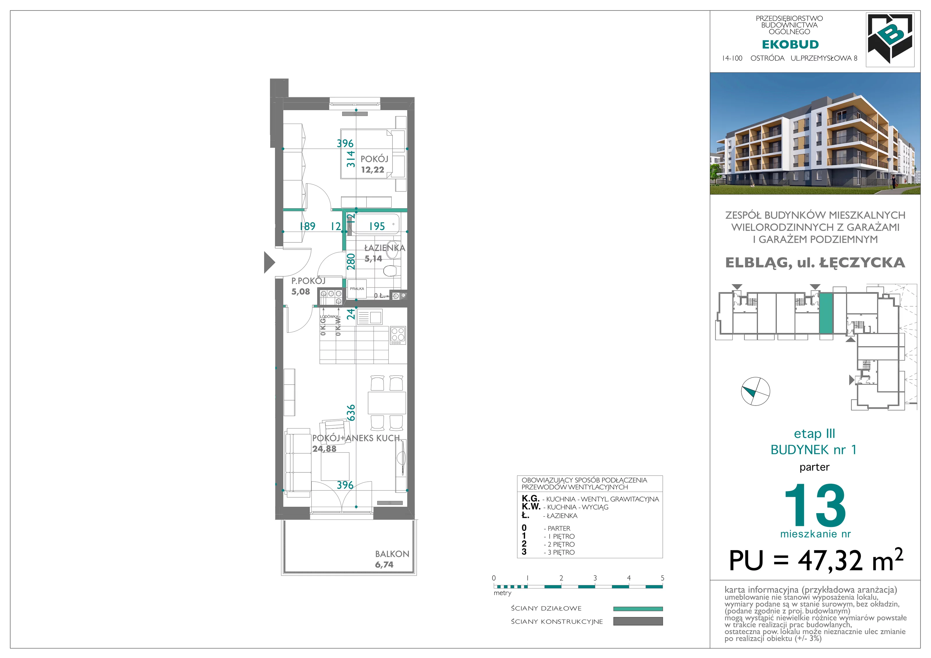 2 pokoje, mieszkanie 47,32 m², parter, oferta nr bud-1-M-13, Osiedle Łęczycka - etap III, Elbląg, Dębica, ul. Łęczycka