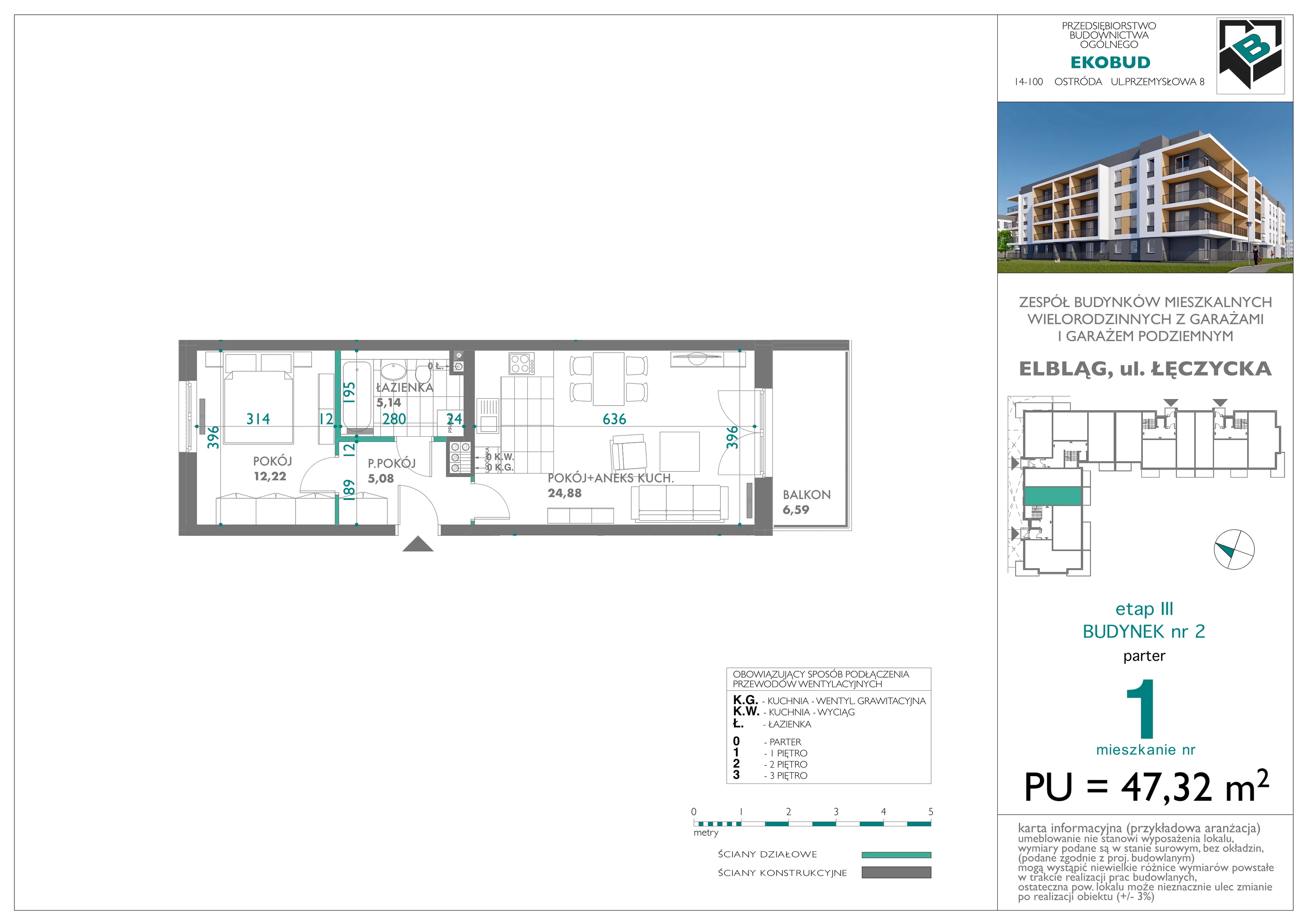 2 pokoje, mieszkanie 47,32 m², parter, oferta nr bud-2-M-1, Osiedle Łęczycka - etap III, Elbląg, Dębica, ul. Łęczycka