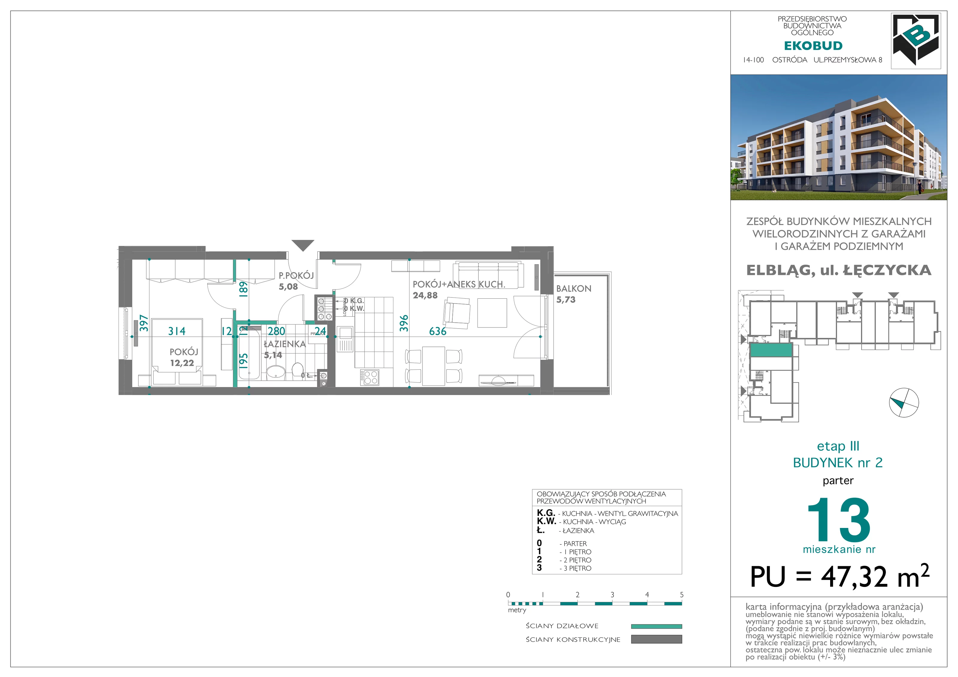 2 pokoje, mieszkanie 47,32 m², parter, oferta nr bud-2-M-13, Osiedle Łęczycka - etap III, Elbląg, Dębica, ul. Łęczycka