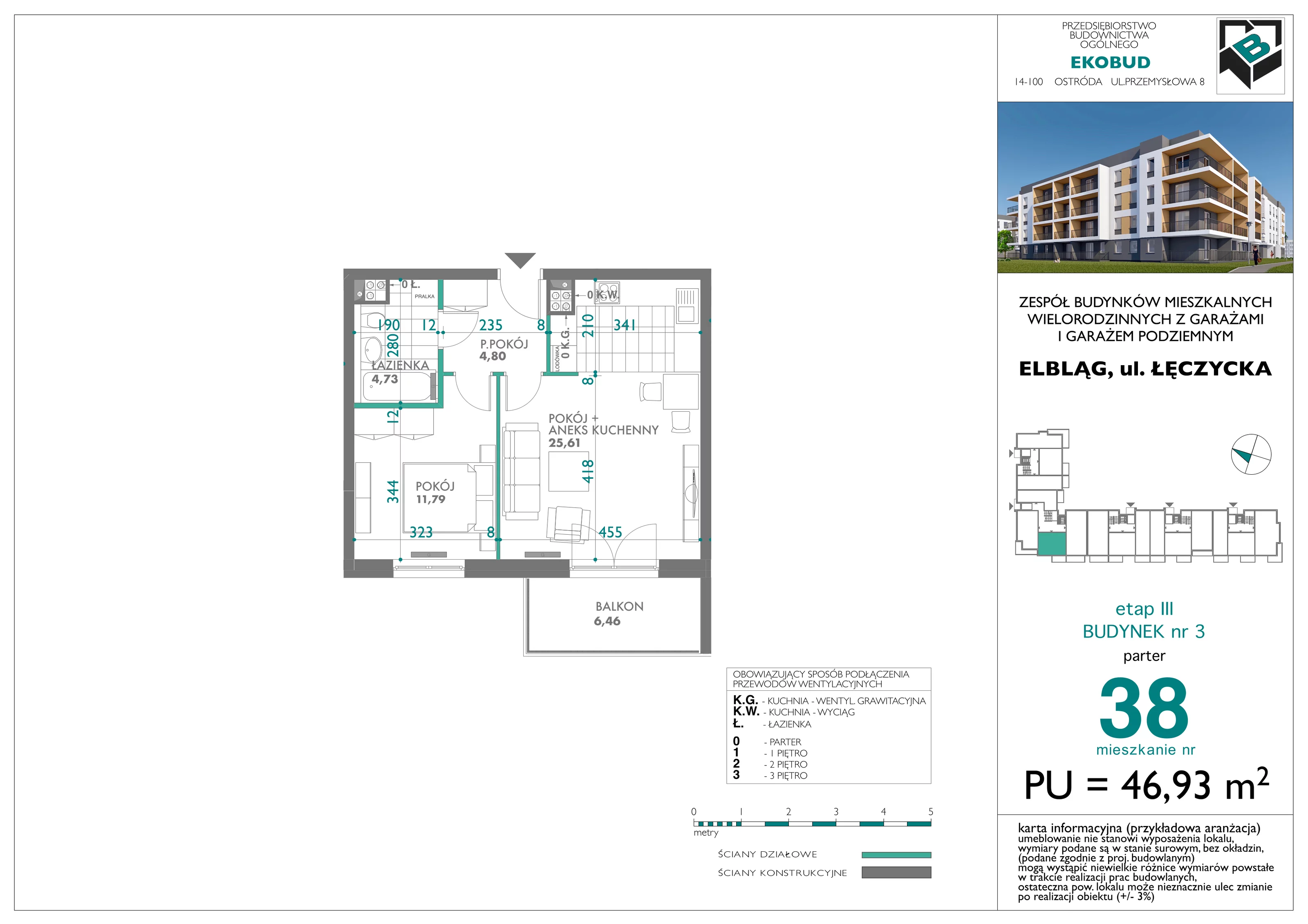 2 pokoje, mieszkanie 46,93 m², parter, oferta nr bud-3-M-38, Osiedle Łęczycka - etap III, Elbląg, Dębica, ul. Łęczycka