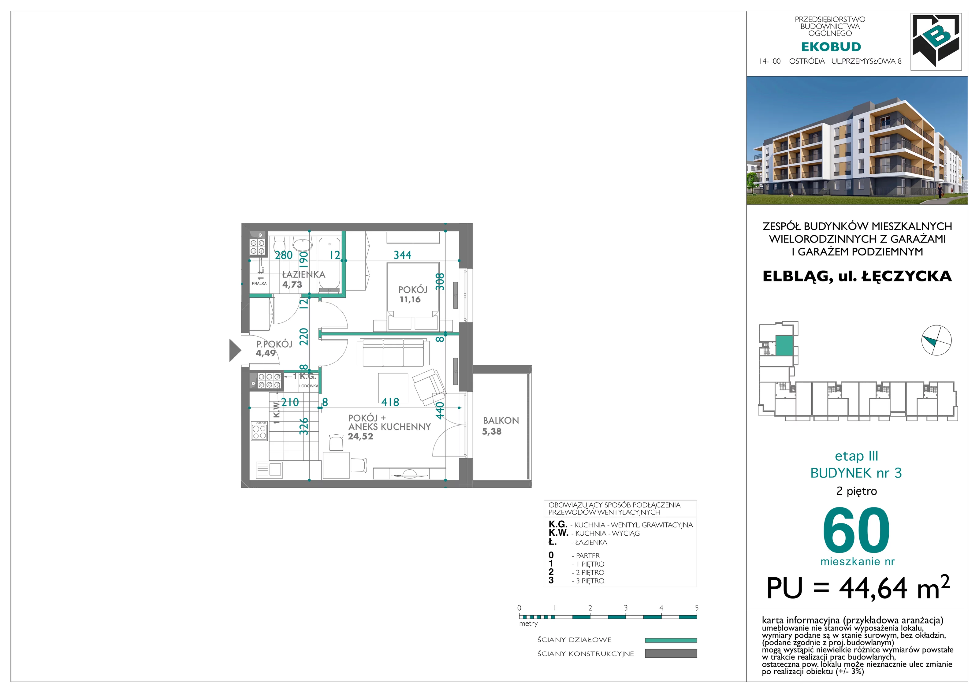 2 pokoje, mieszkanie 44,64 m², piętro 2, oferta nr bud-3-M-60, Osiedle Łęczycka - etap III, Elbląg, Dębica, ul. Łęczycka