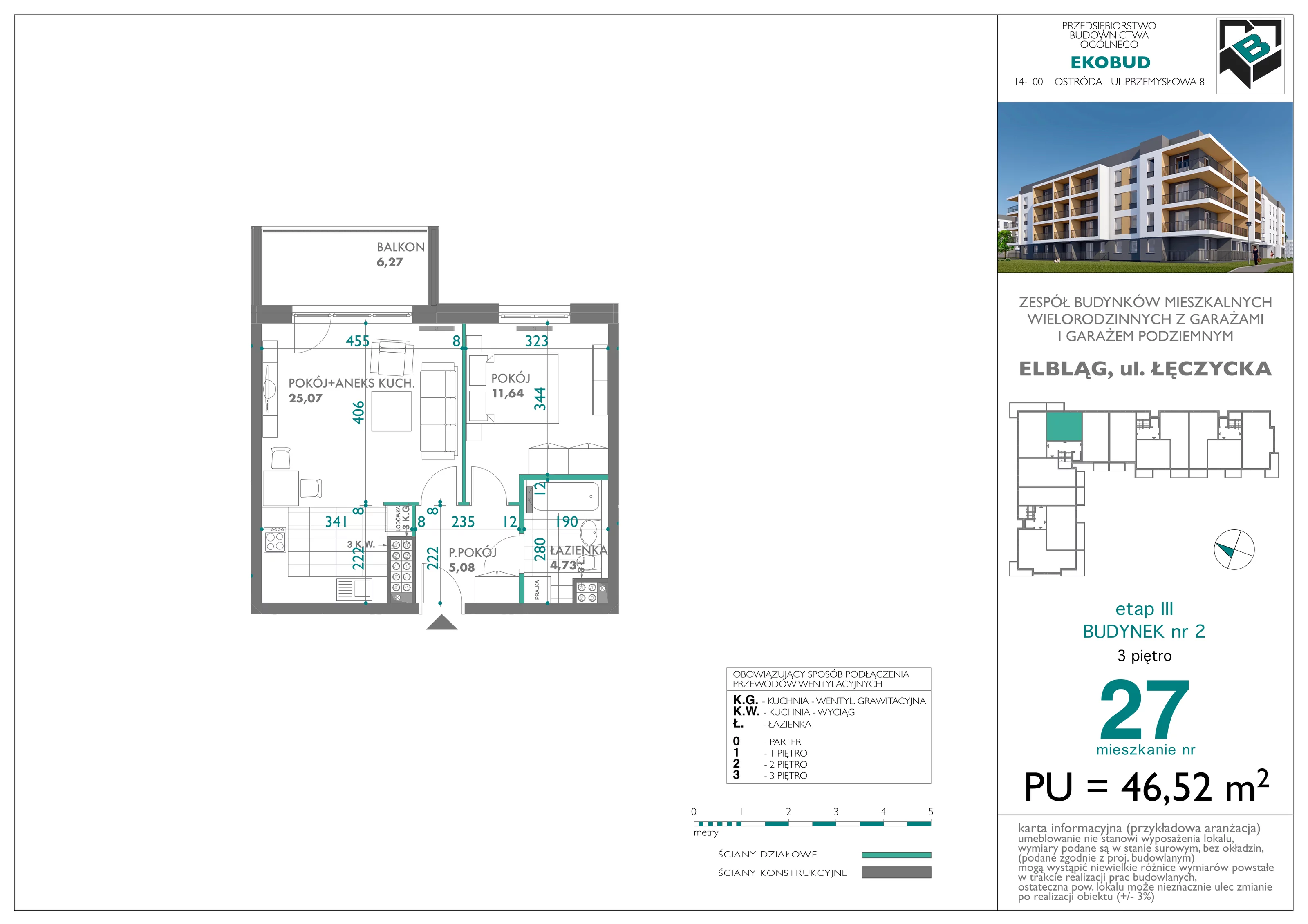 2 pokoje, mieszkanie 46,52 m², piętro 3, oferta nr bud-2-M-27, Osiedle Łęczycka - etap III, Elbląg, Dębica, ul. Łęczycka