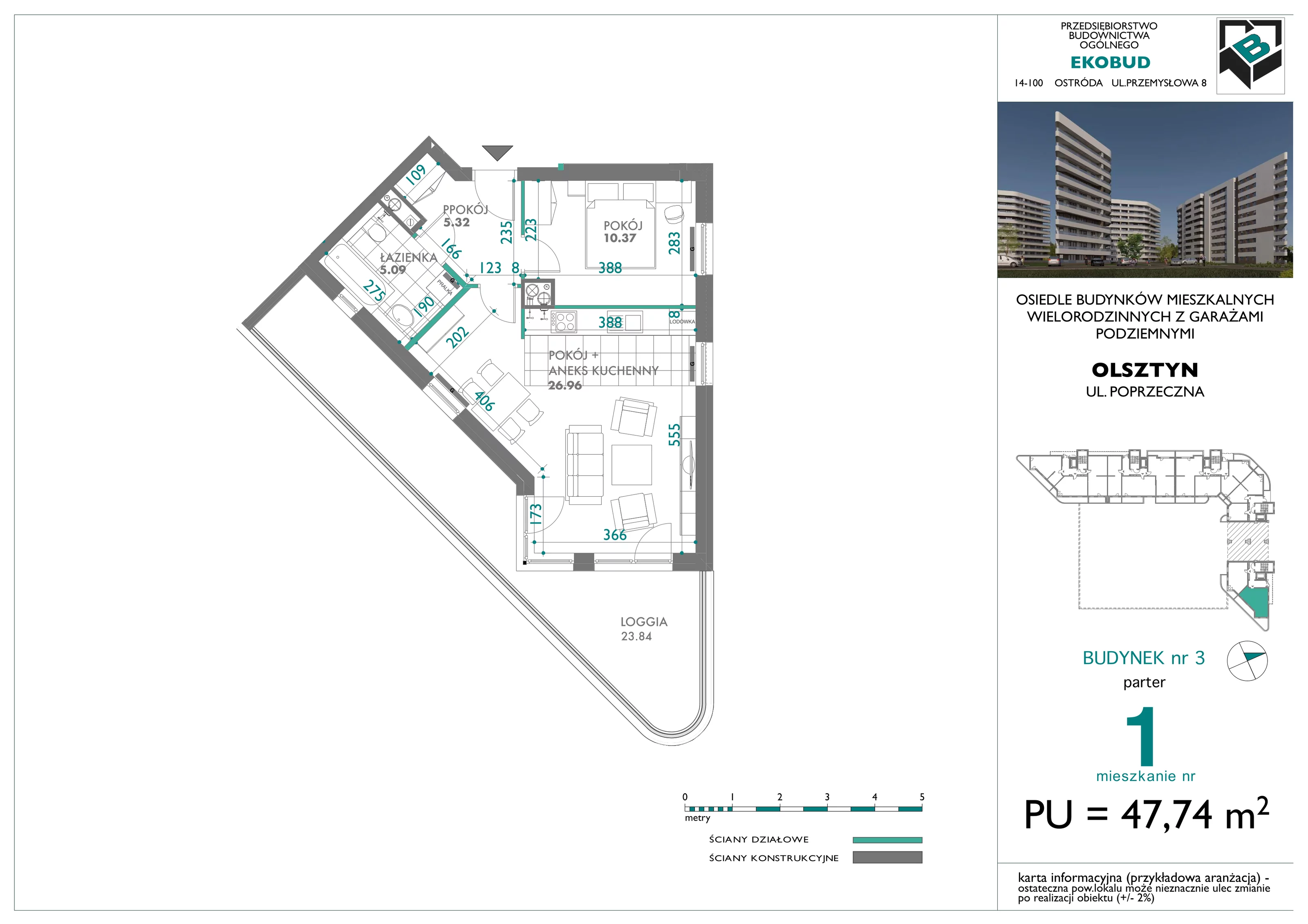 2 pokoje, mieszkanie 47,74 m², parter, oferta nr 1, Quatro, Olsztyn, Zatorze, ul. Poprzeczna