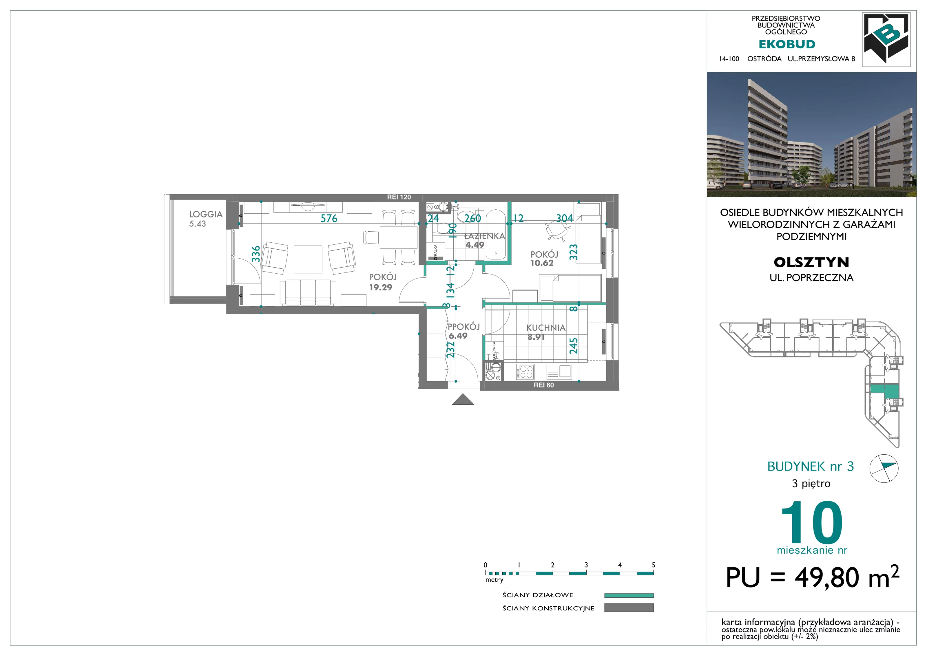 2 pokoje, mieszkanie 49,80 m², piętro 3, oferta nr 10, Quatro, Olsztyn, Zatorze, ul. Poprzeczna