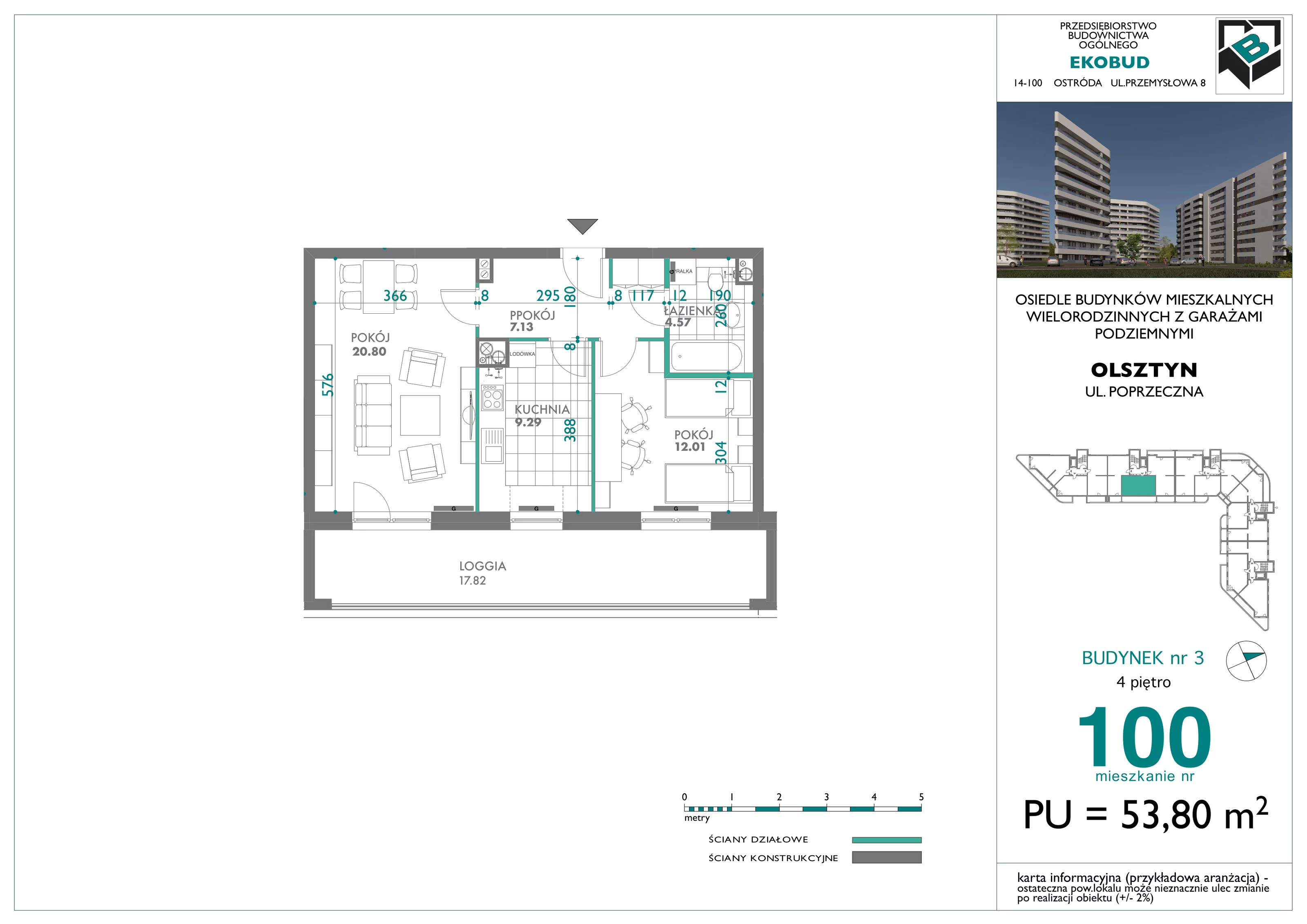 2 pokoje, mieszkanie 53,80 m², piętro 4, oferta nr 100, Quatro, Olsztyn, Zatorze, ul. Poprzeczna