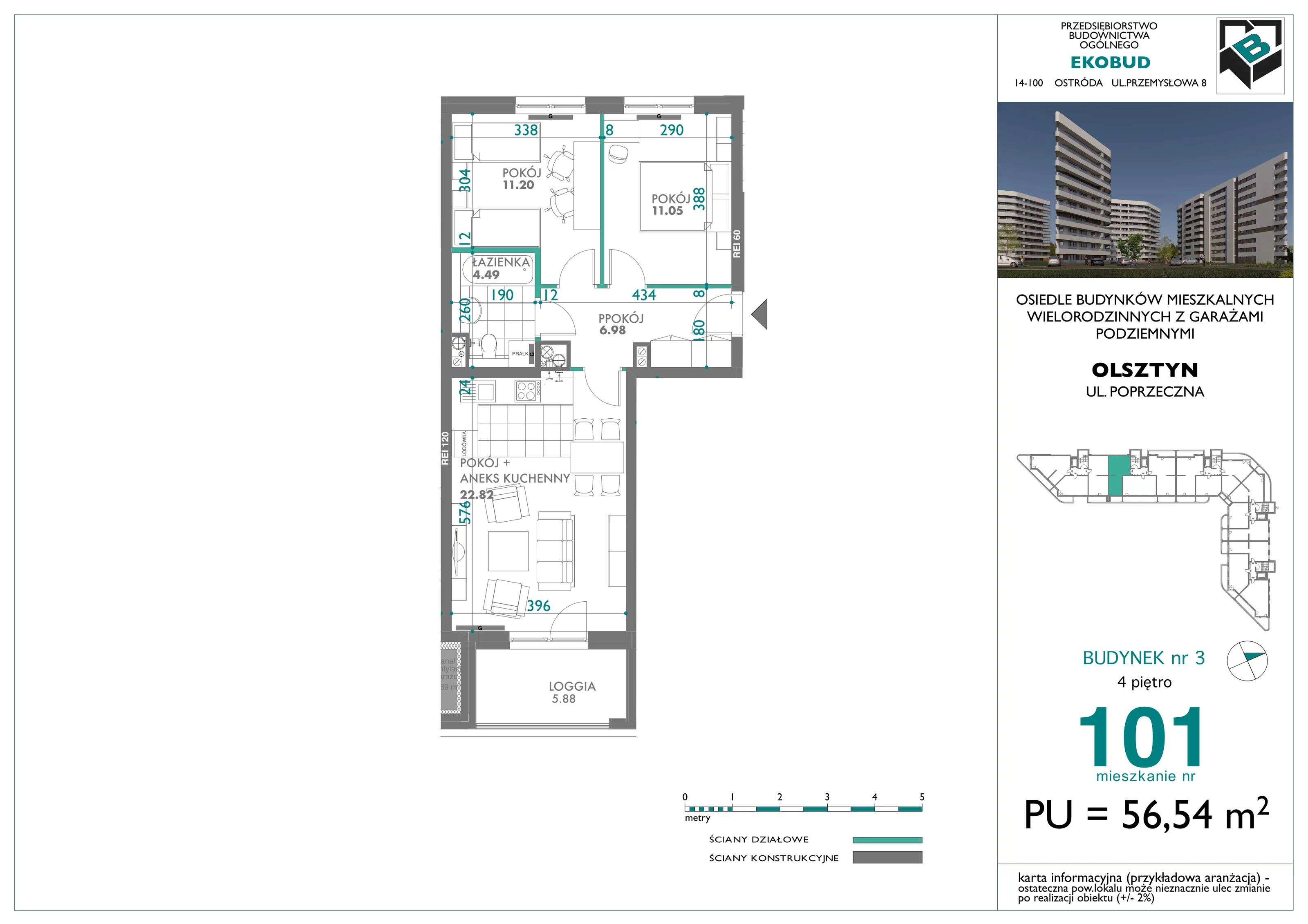 3 pokoje, mieszkanie 56,54 m², piętro 4, oferta nr 101, Quatro, Olsztyn, Zatorze, ul. Poprzeczna