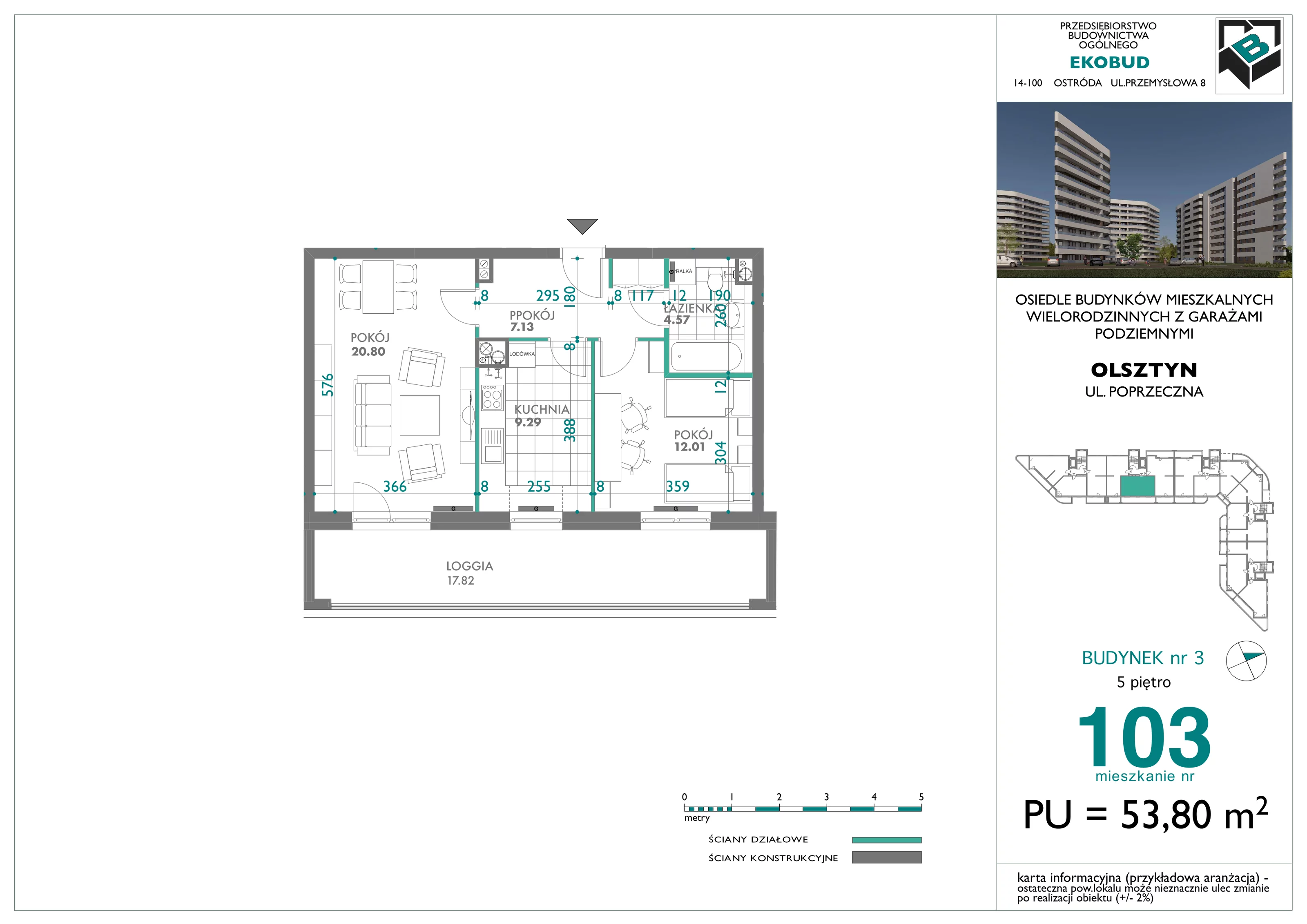 2 pokoje, mieszkanie 53,80 m², piętro 5, oferta nr 103, Quatro, Olsztyn, Zatorze, ul. Poprzeczna