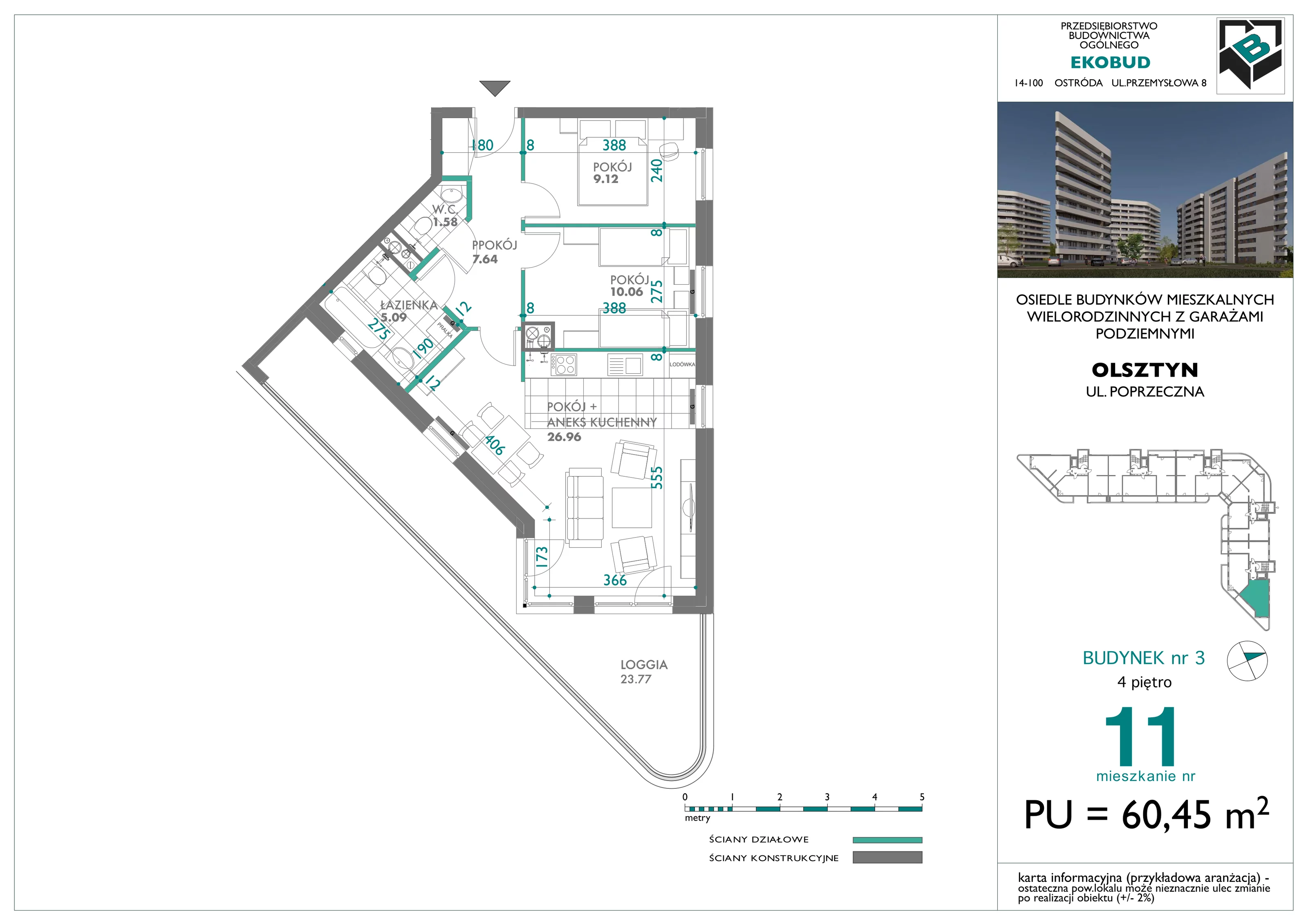 3 pokoje, mieszkanie 60,45 m², piętro 4, oferta nr 11, Quatro, Olsztyn, Zatorze, ul. Poprzeczna