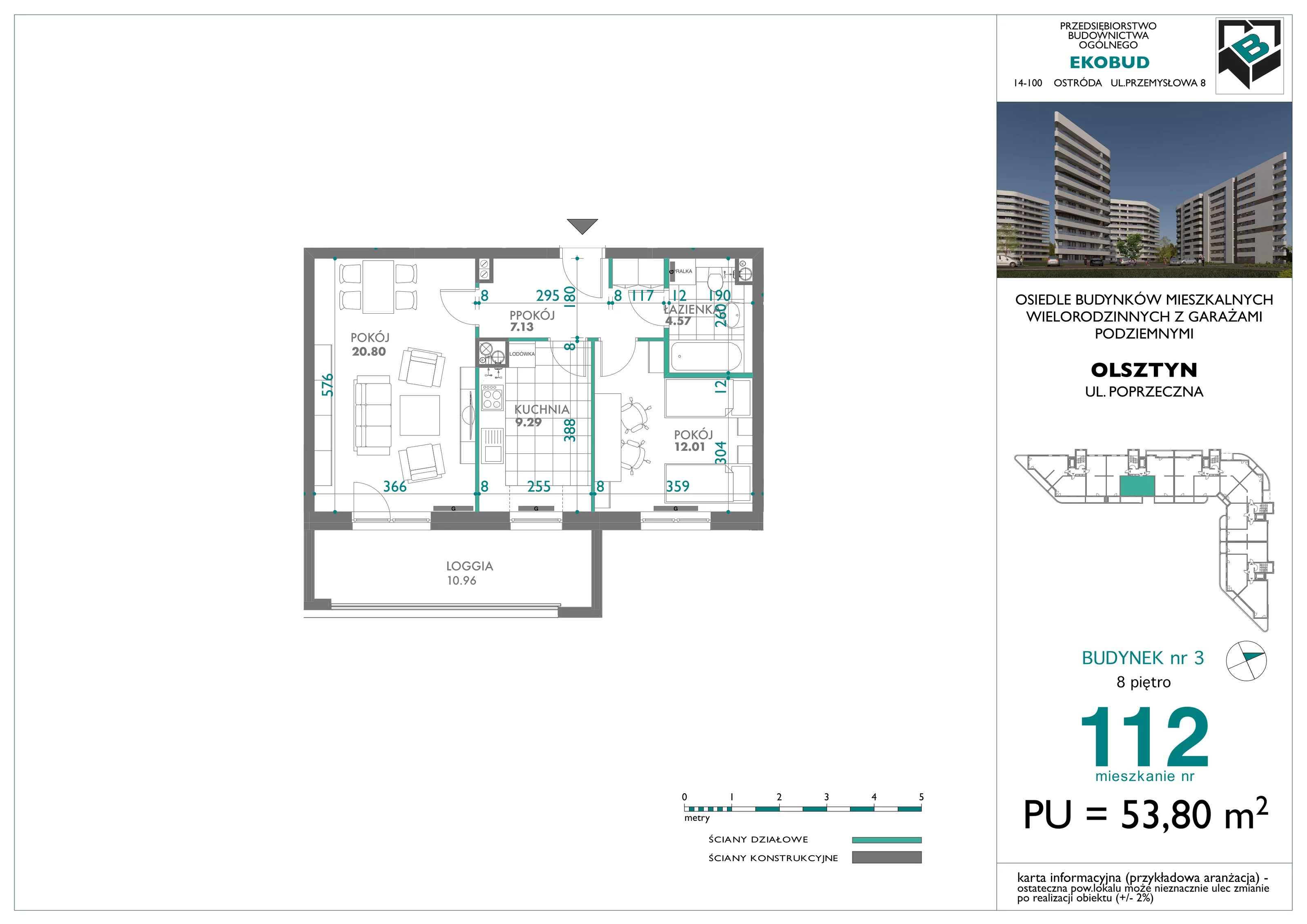 2 pokoje, mieszkanie 53,80 m², piętro 8, oferta nr 112, Quatro, Olsztyn, Zatorze, ul. Poprzeczna