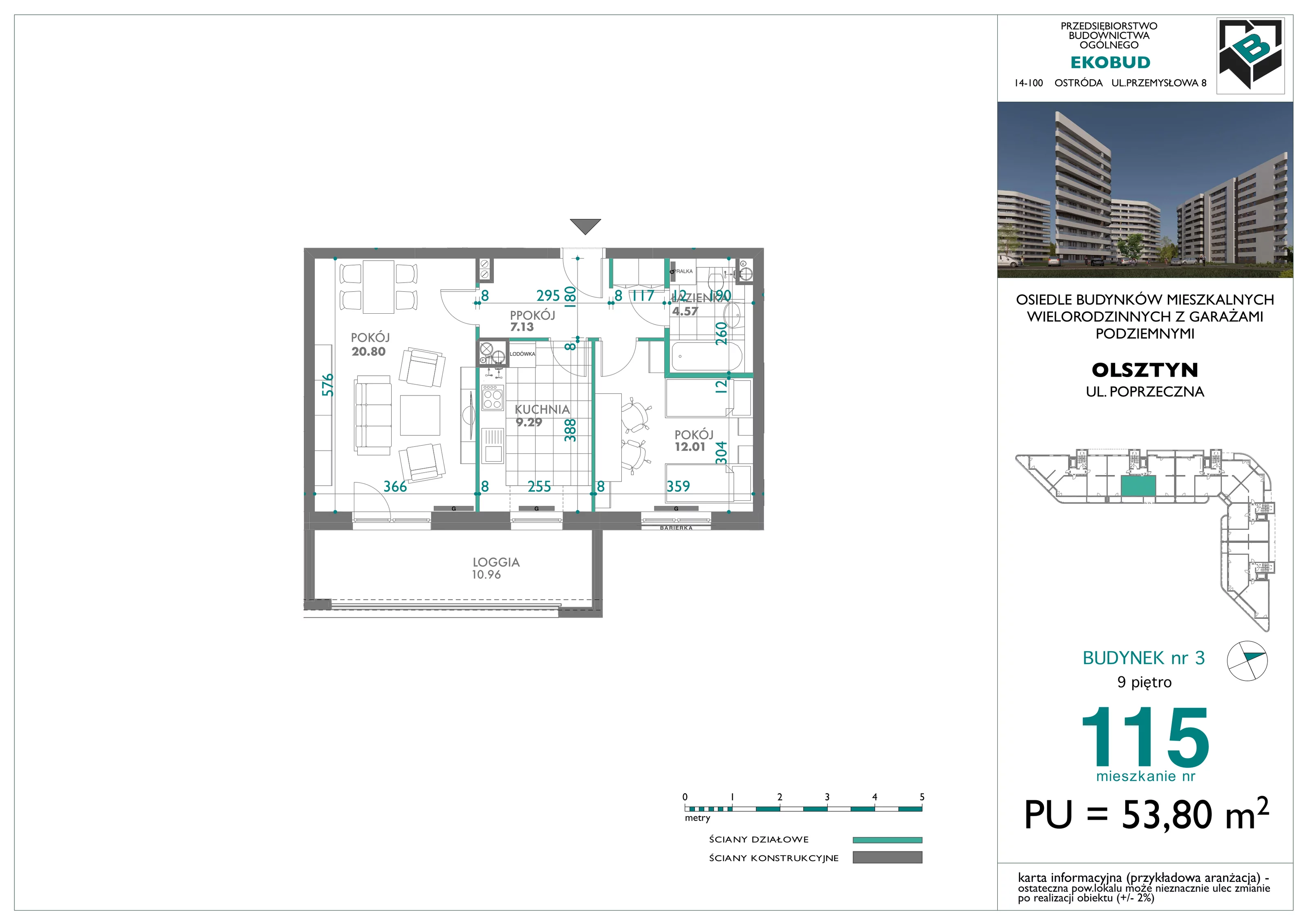 2 pokoje, mieszkanie 53,80 m², piętro 9, oferta nr 115, Quatro, Olsztyn, Zatorze, ul. Poprzeczna