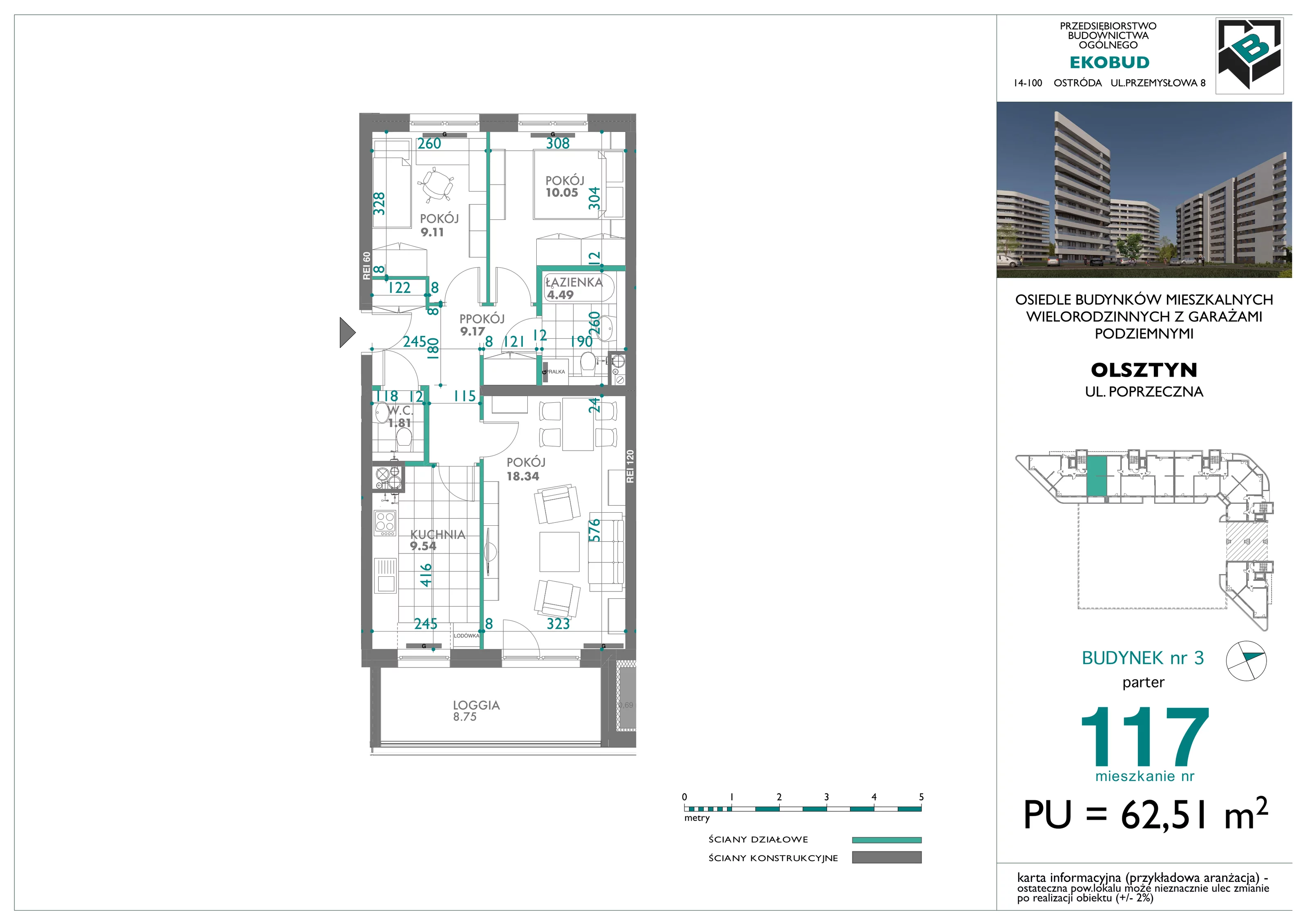 3 pokoje, mieszkanie 62,51 m², parter, oferta nr 117, Quatro, Olsztyn, Zatorze, ul. Poprzeczna