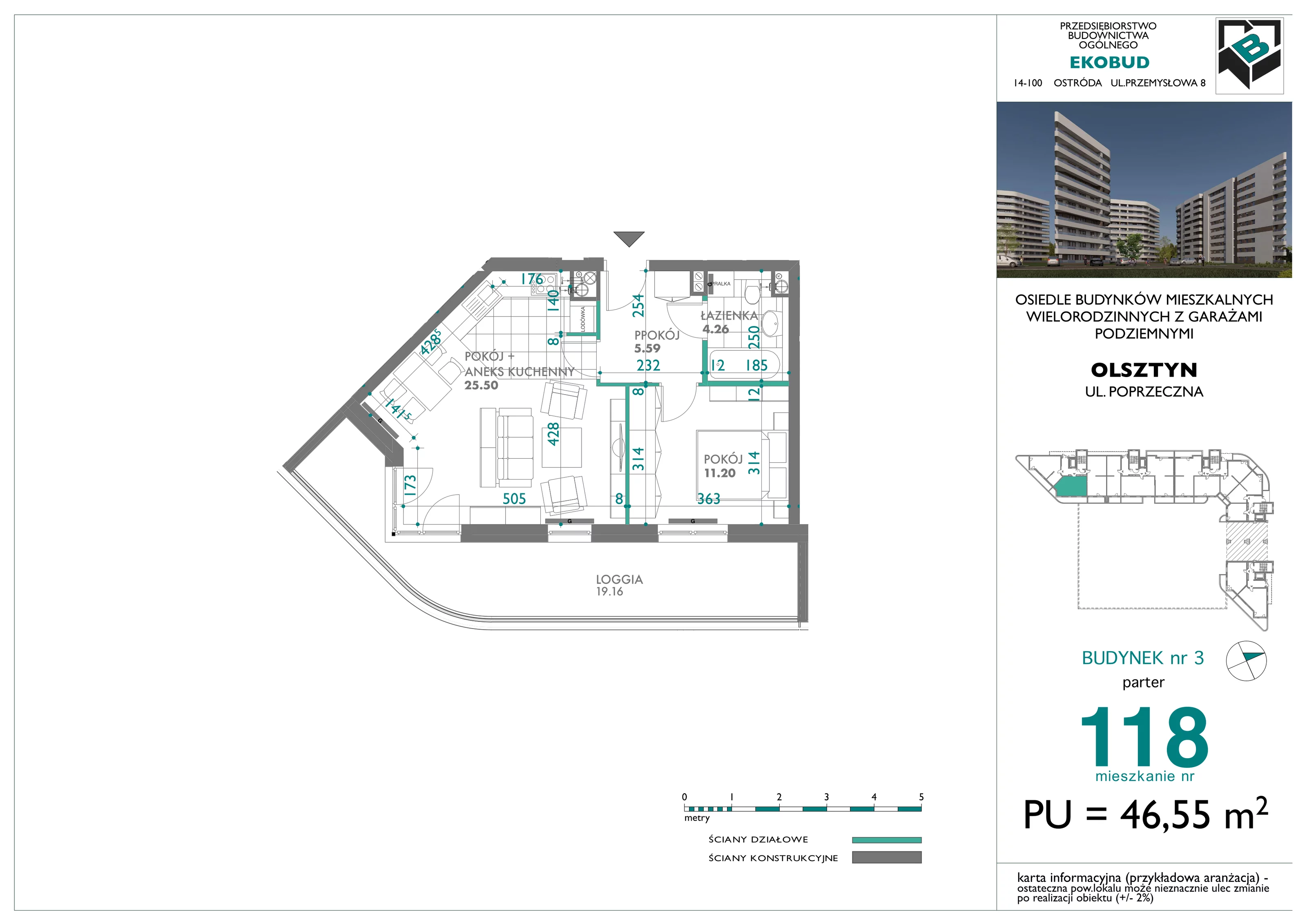 2 pokoje, mieszkanie 46,55 m², parter, oferta nr 118, Quatro, Olsztyn, Zatorze, ul. Poprzeczna