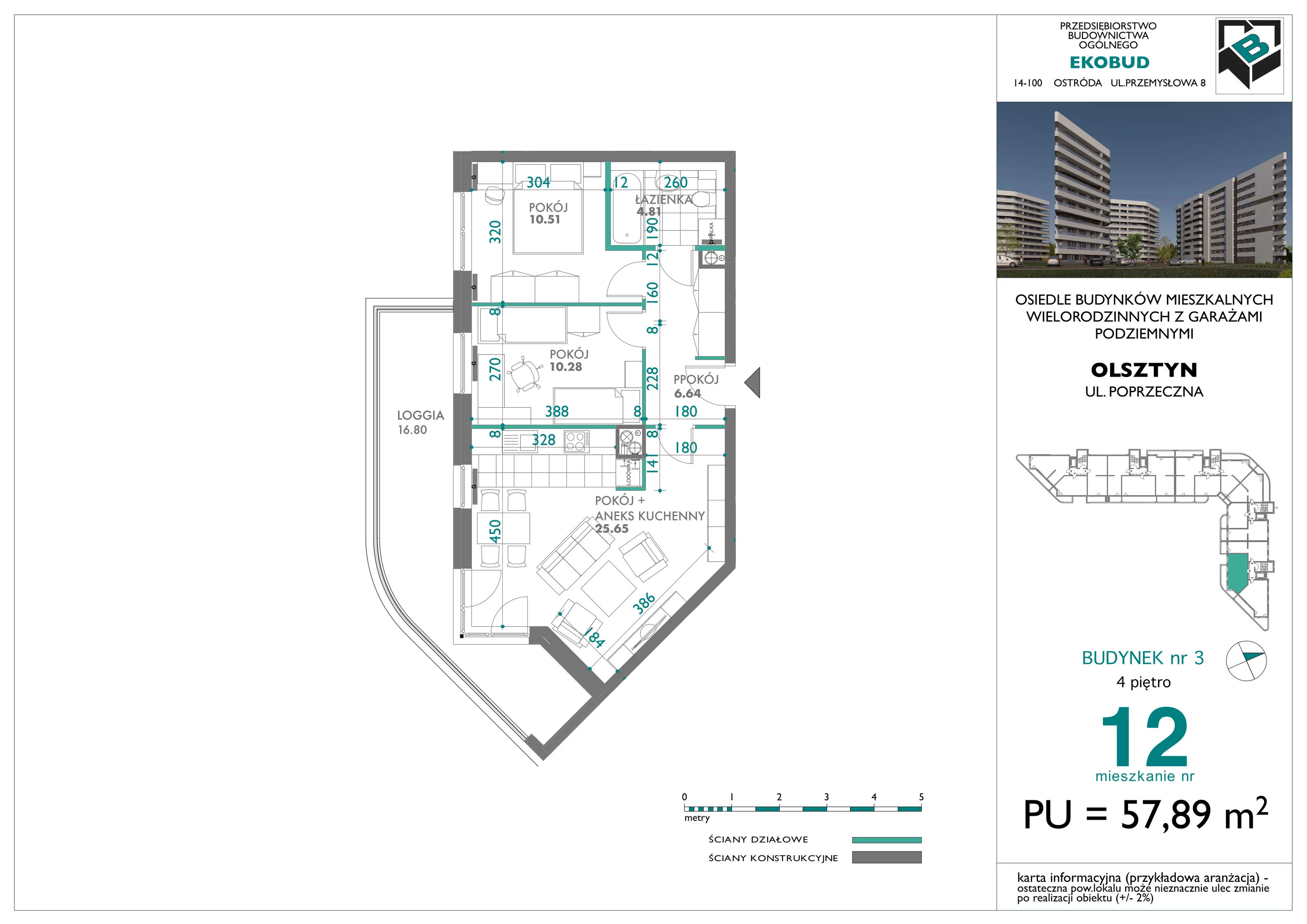 3 pokoje, mieszkanie 57,89 m², piętro 4, oferta nr 12, Quatro, Olsztyn, Zatorze, ul. Poprzeczna