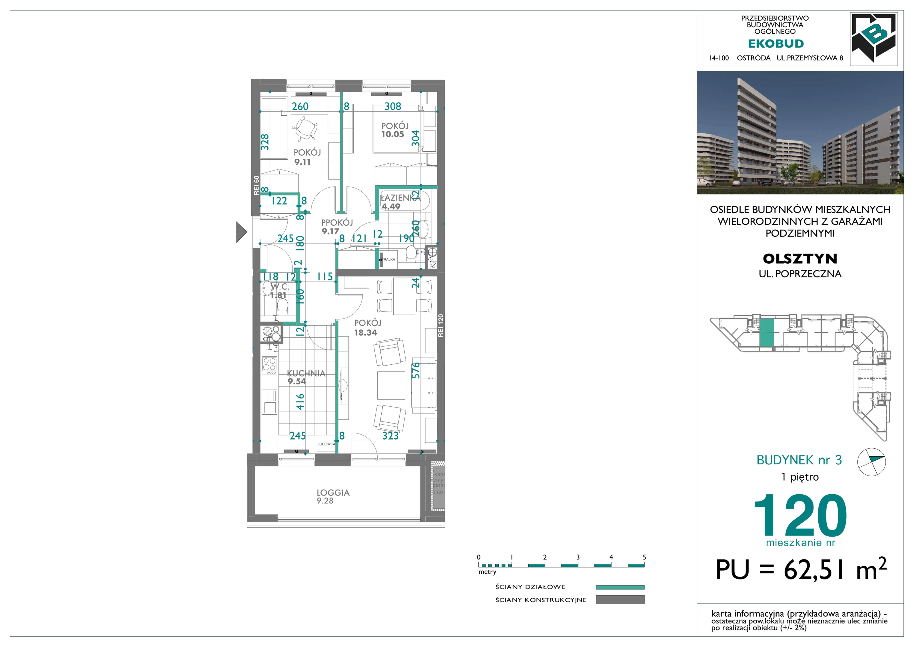 3 pokoje, mieszkanie 62,51 m², piętro 1, oferta nr 120, Quatro, Olsztyn, Zatorze, ul. Poprzeczna