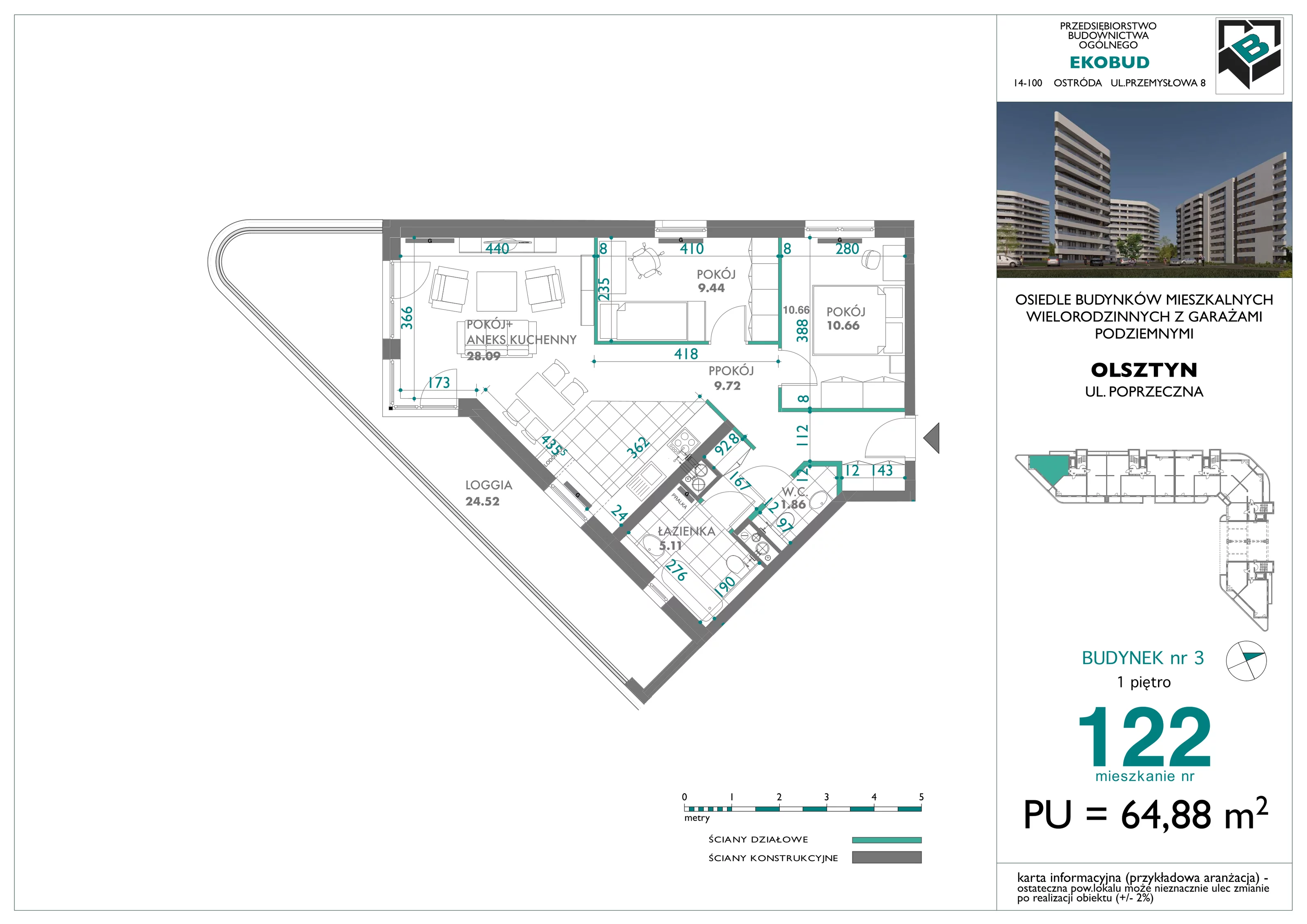 3 pokoje, mieszkanie 64,88 m², piętro 1, oferta nr 122, Quatro, Olsztyn, Zatorze, ul. Poprzeczna