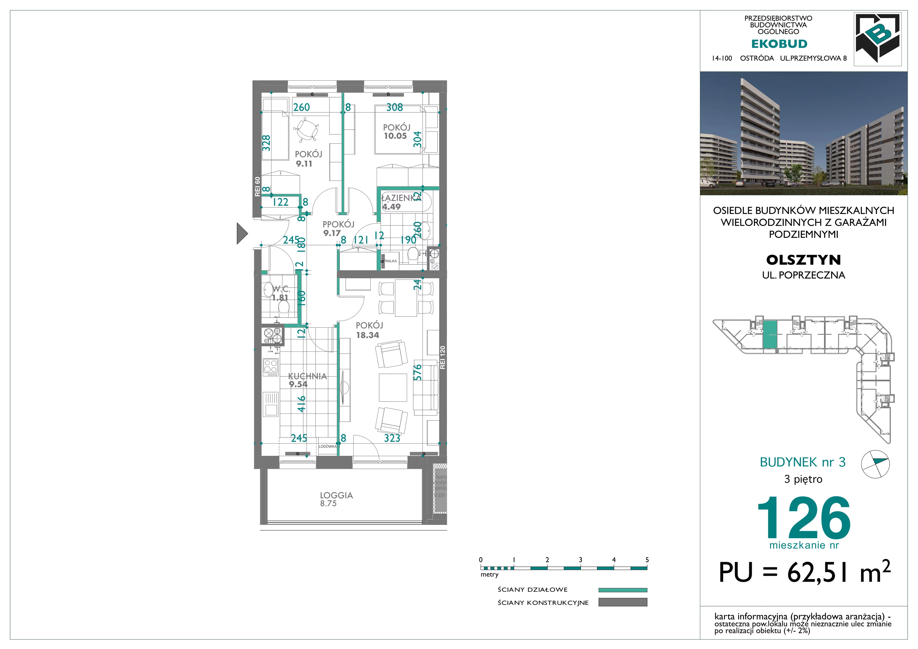 3 pokoje, mieszkanie 62,51 m², piętro 3, oferta nr 126, Quatro, Olsztyn, Zatorze, ul. Poprzeczna