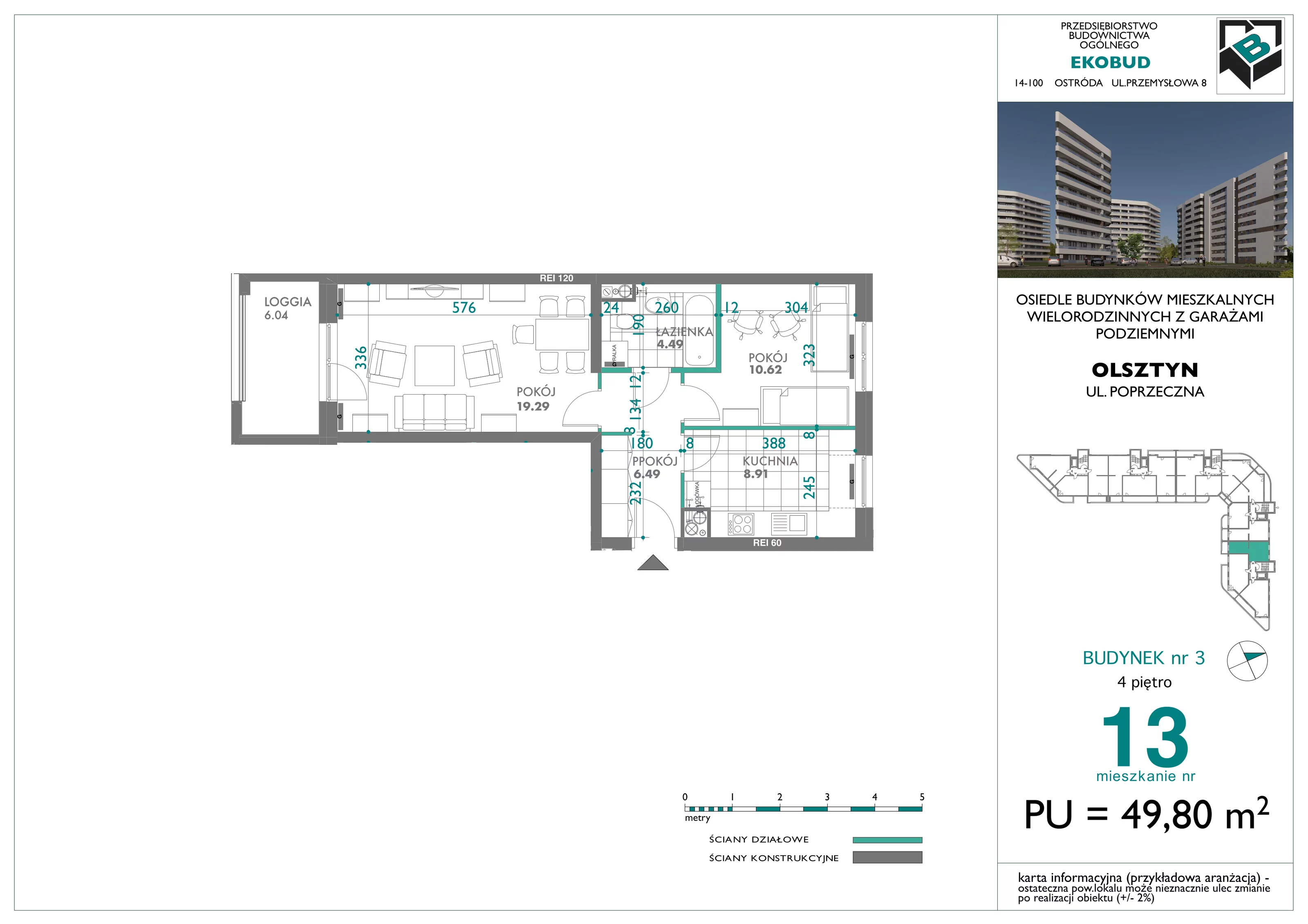 2 pokoje, mieszkanie 49,80 m², piętro 4, oferta nr 13, Quatro, Olsztyn, Zatorze, ul. Poprzeczna