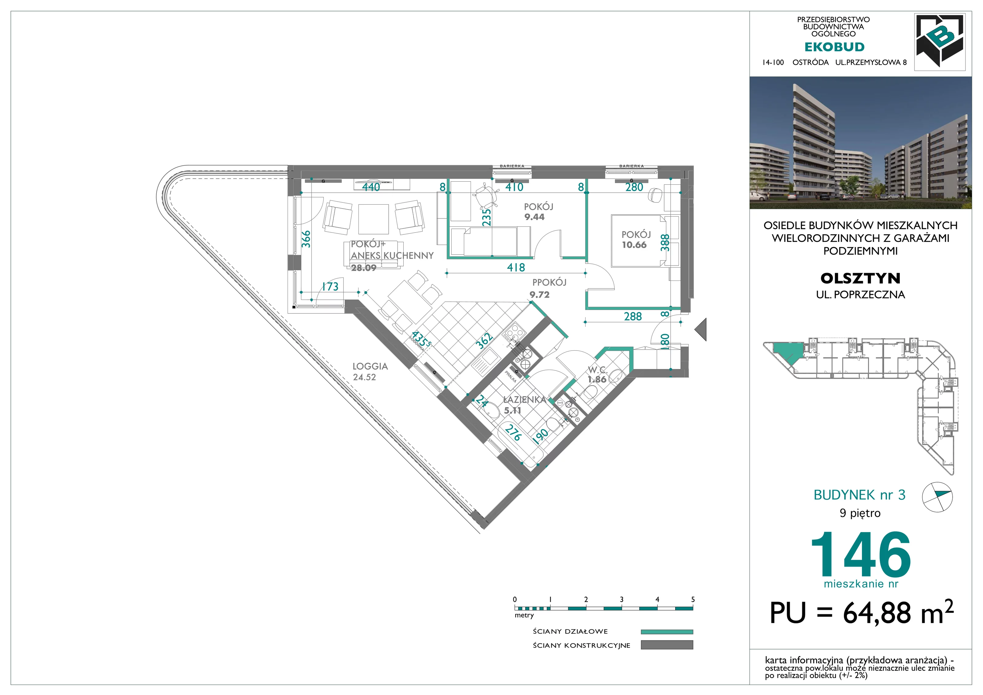 3 pokoje, mieszkanie 64,88 m², piętro 9, oferta nr 146, Quatro, Olsztyn, Zatorze, ul. Poprzeczna