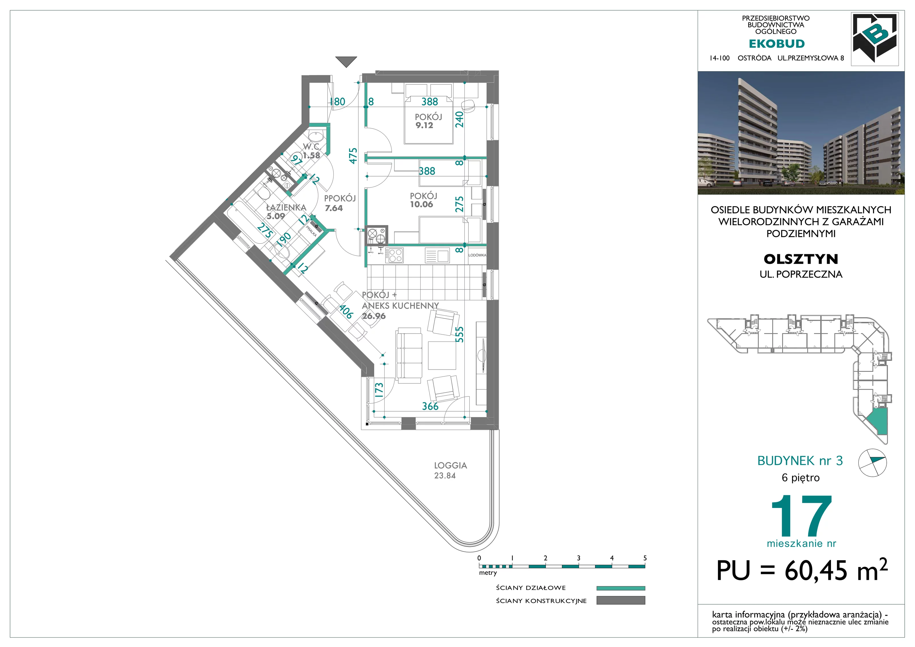 3 pokoje, mieszkanie 60,45 m², piętro 6, oferta nr 17, Quatro, Olsztyn, Zatorze, ul. Poprzeczna