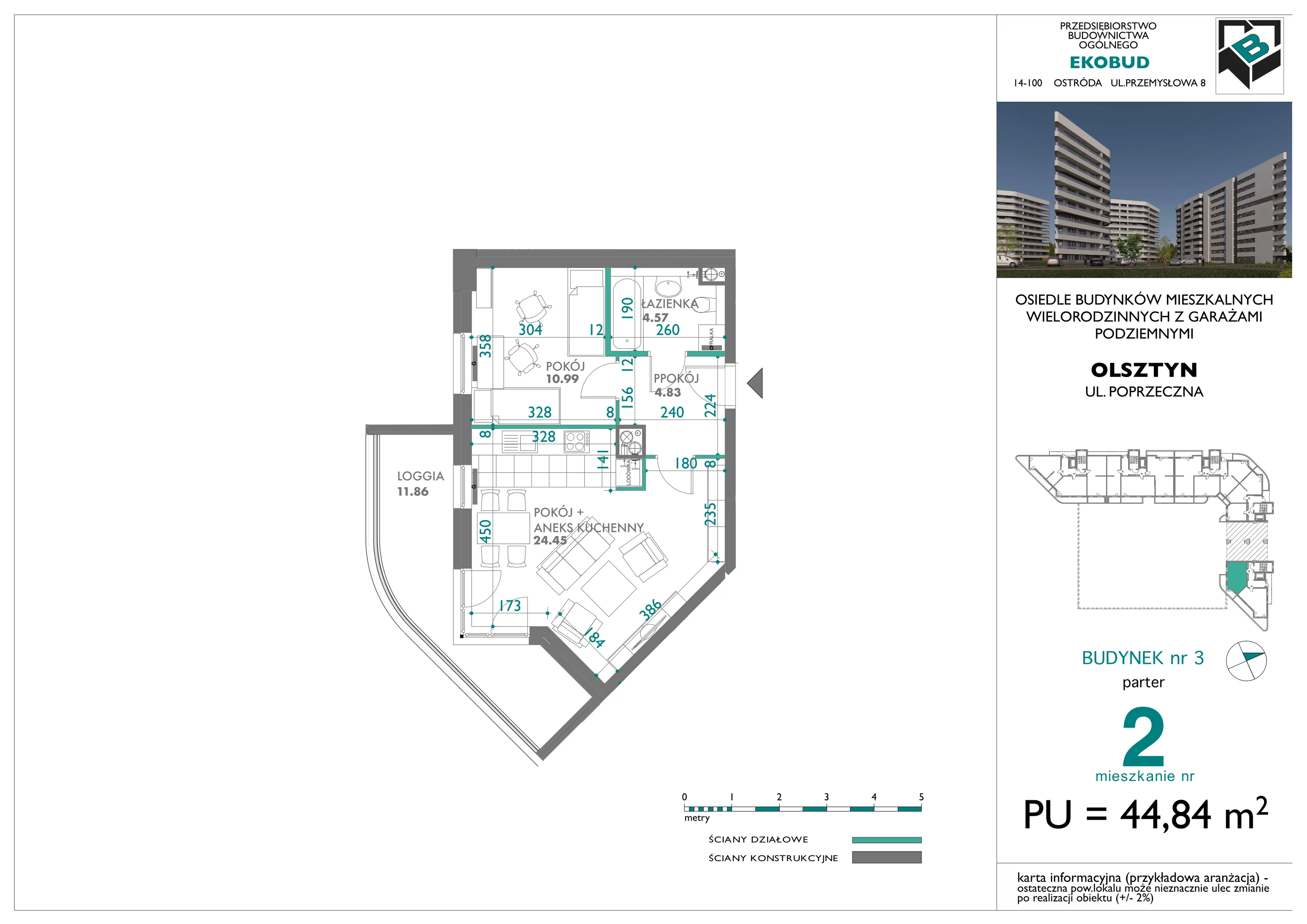 2 pokoje, mieszkanie 44,84 m², parter, oferta nr 2, Quatro, Olsztyn, Zatorze, ul. Poprzeczna