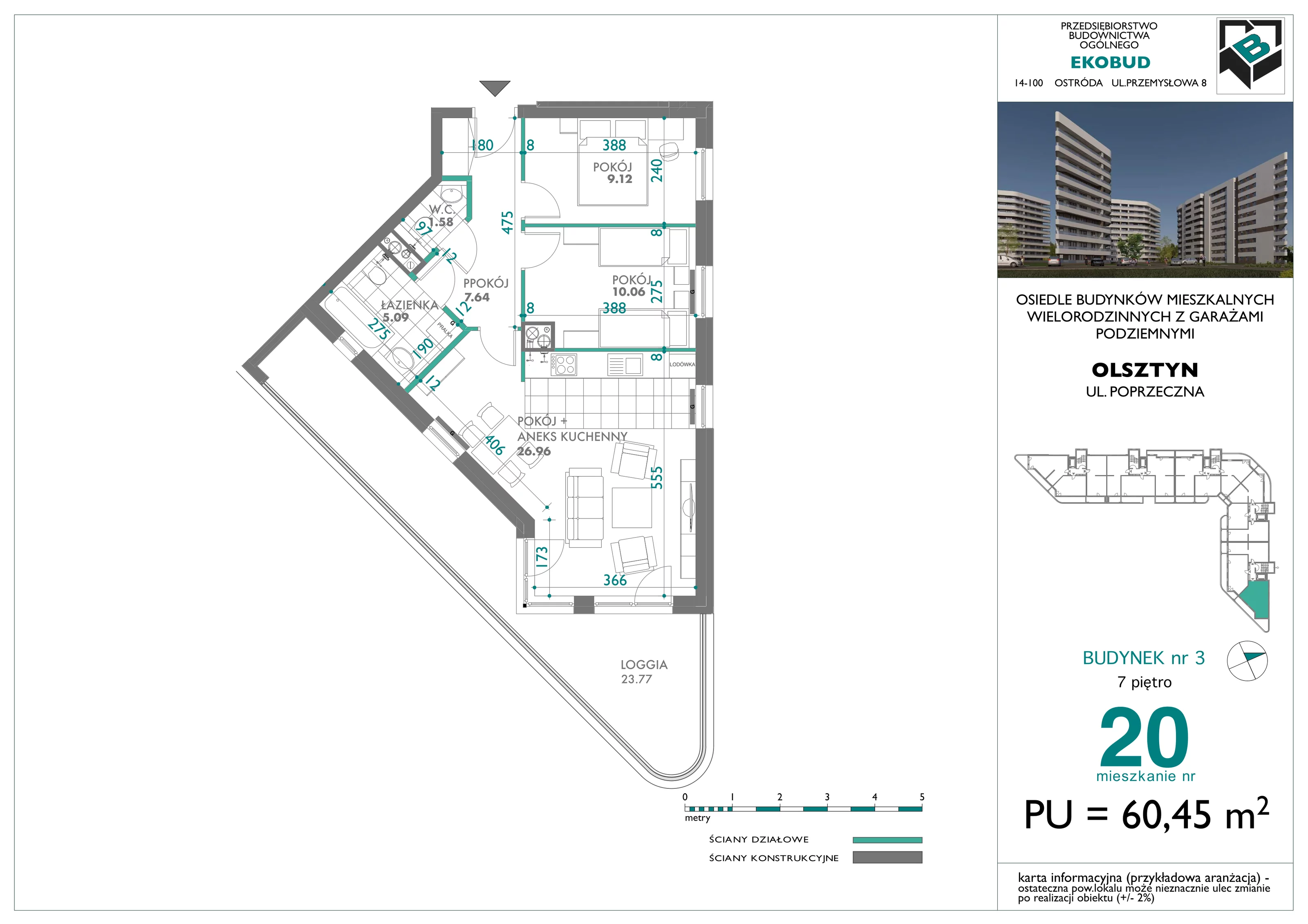 3 pokoje, mieszkanie 60,45 m², piętro 7, oferta nr 20, Quatro, Olsztyn, Zatorze, ul. Poprzeczna