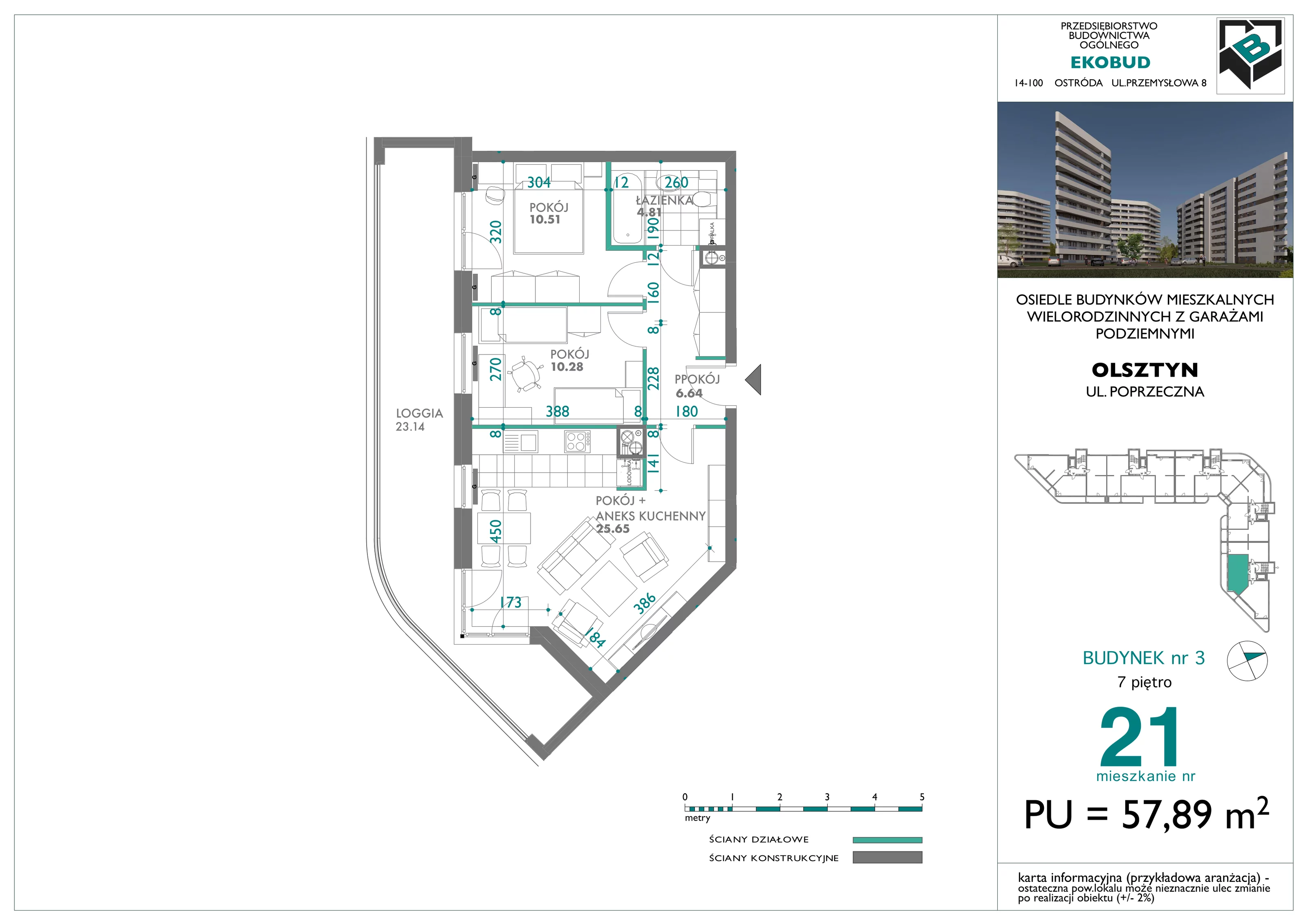 3 pokoje, mieszkanie 57,89 m², piętro 7, oferta nr 21, Quatro, Olsztyn, Zatorze, ul. Poprzeczna