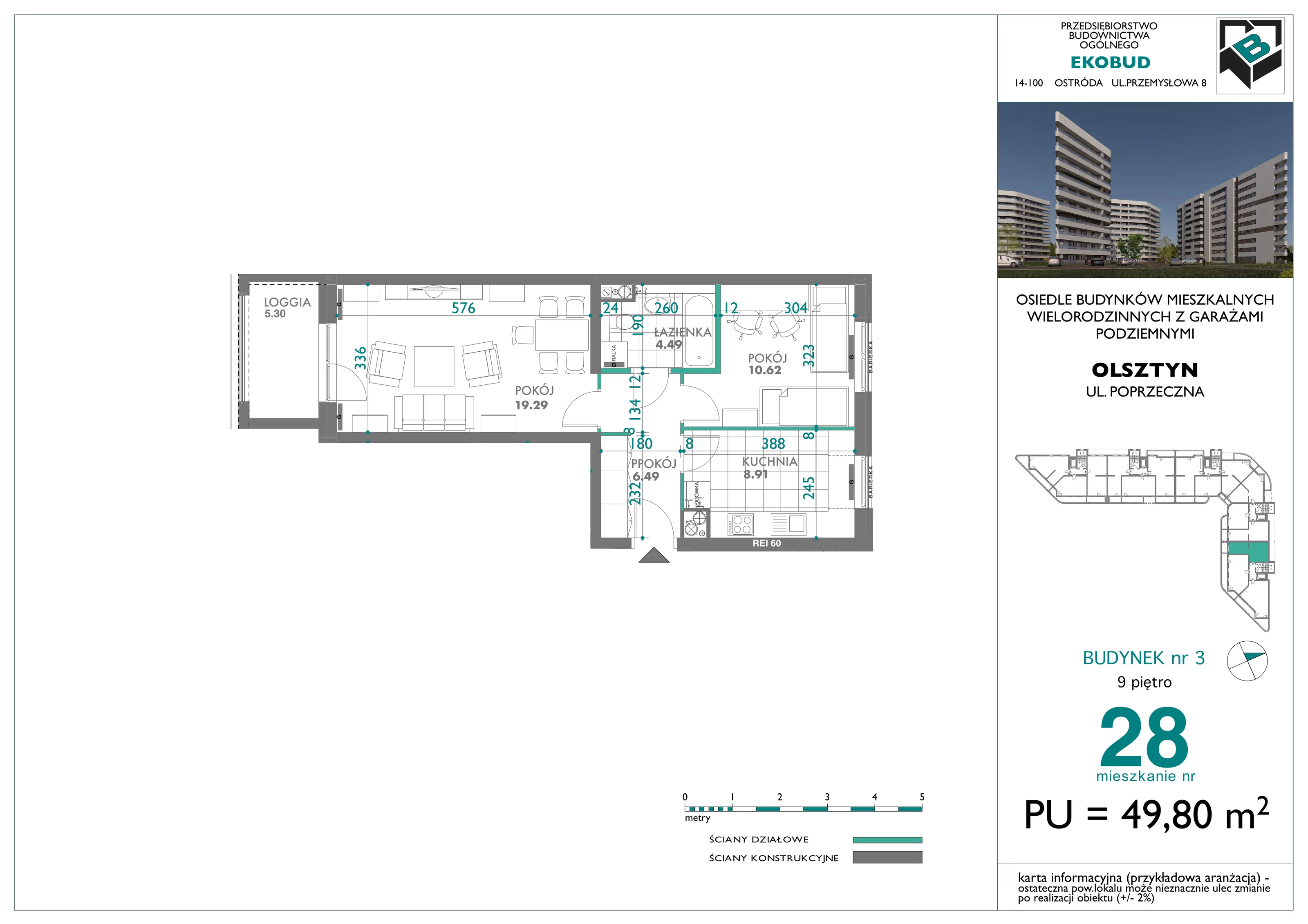 2 pokoje, mieszkanie 49,80 m², piętro 9, oferta nr 28, Quatro, Olsztyn, Zatorze, ul. Poprzeczna