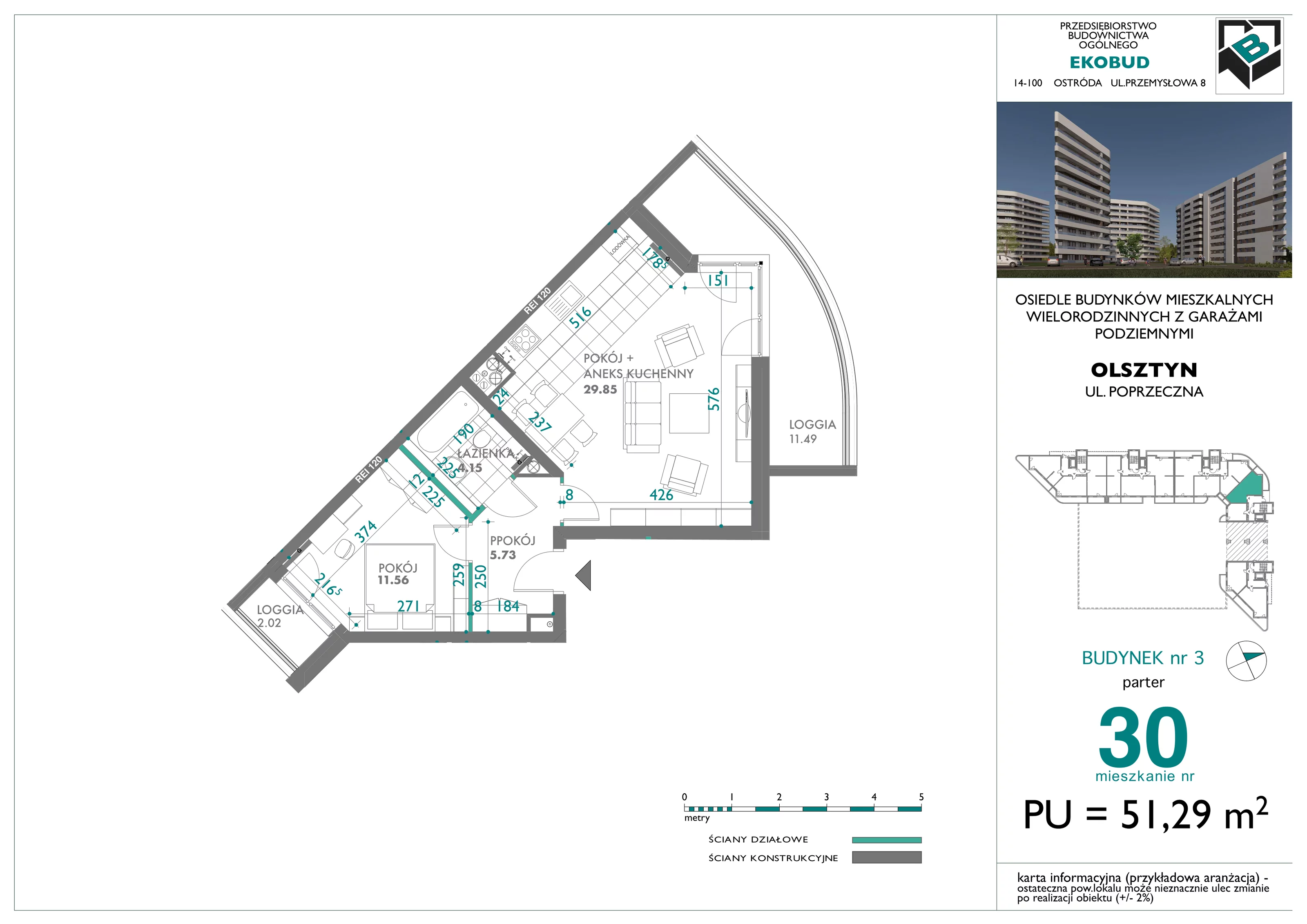 2 pokoje, mieszkanie 51,29 m², parter, oferta nr 30, Quatro, Olsztyn, Zatorze, ul. Poprzeczna