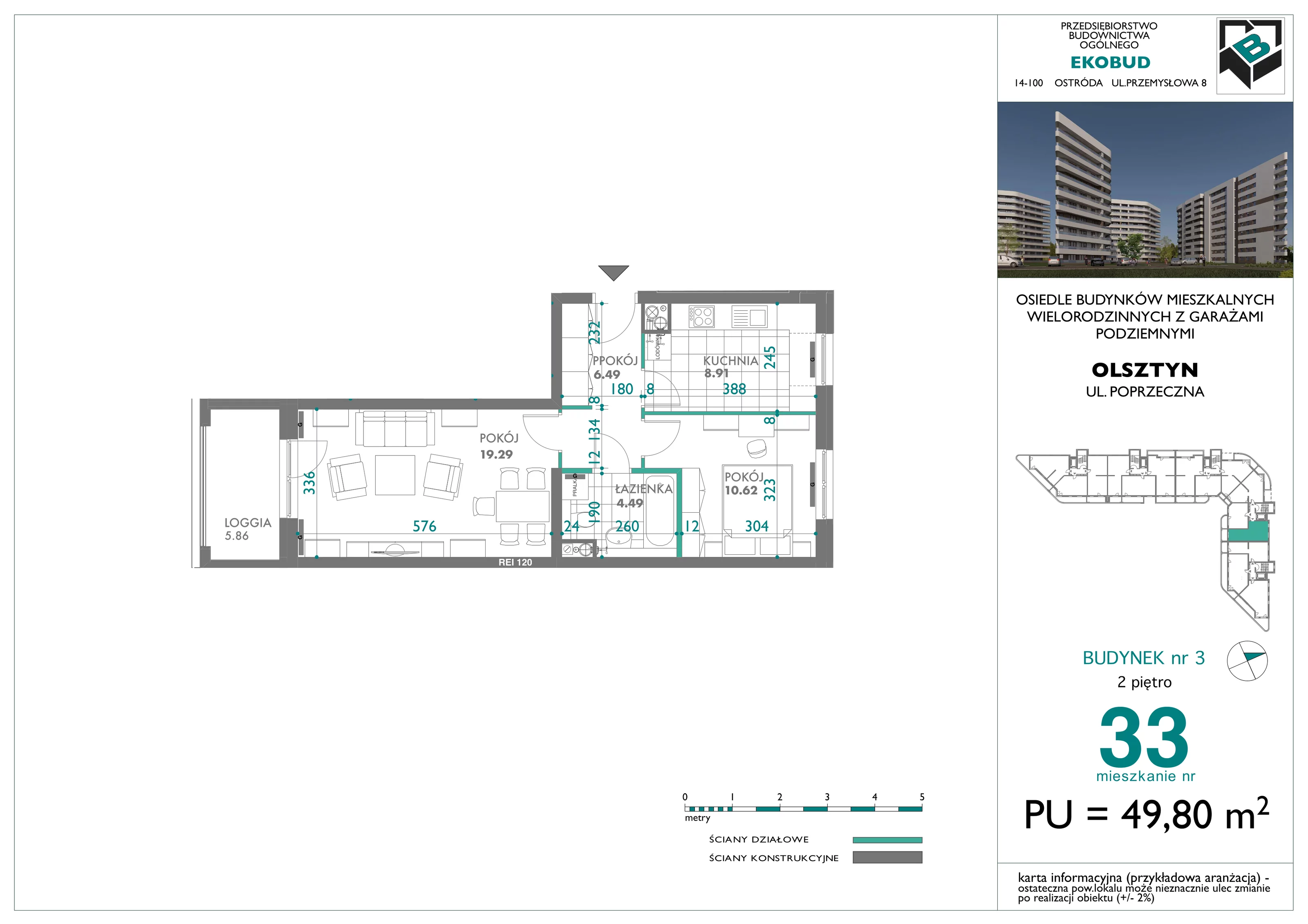 2 pokoje, mieszkanie 49,80 m², piętro 2, oferta nr 33, Quatro, Olsztyn, Zatorze, ul. Poprzeczna