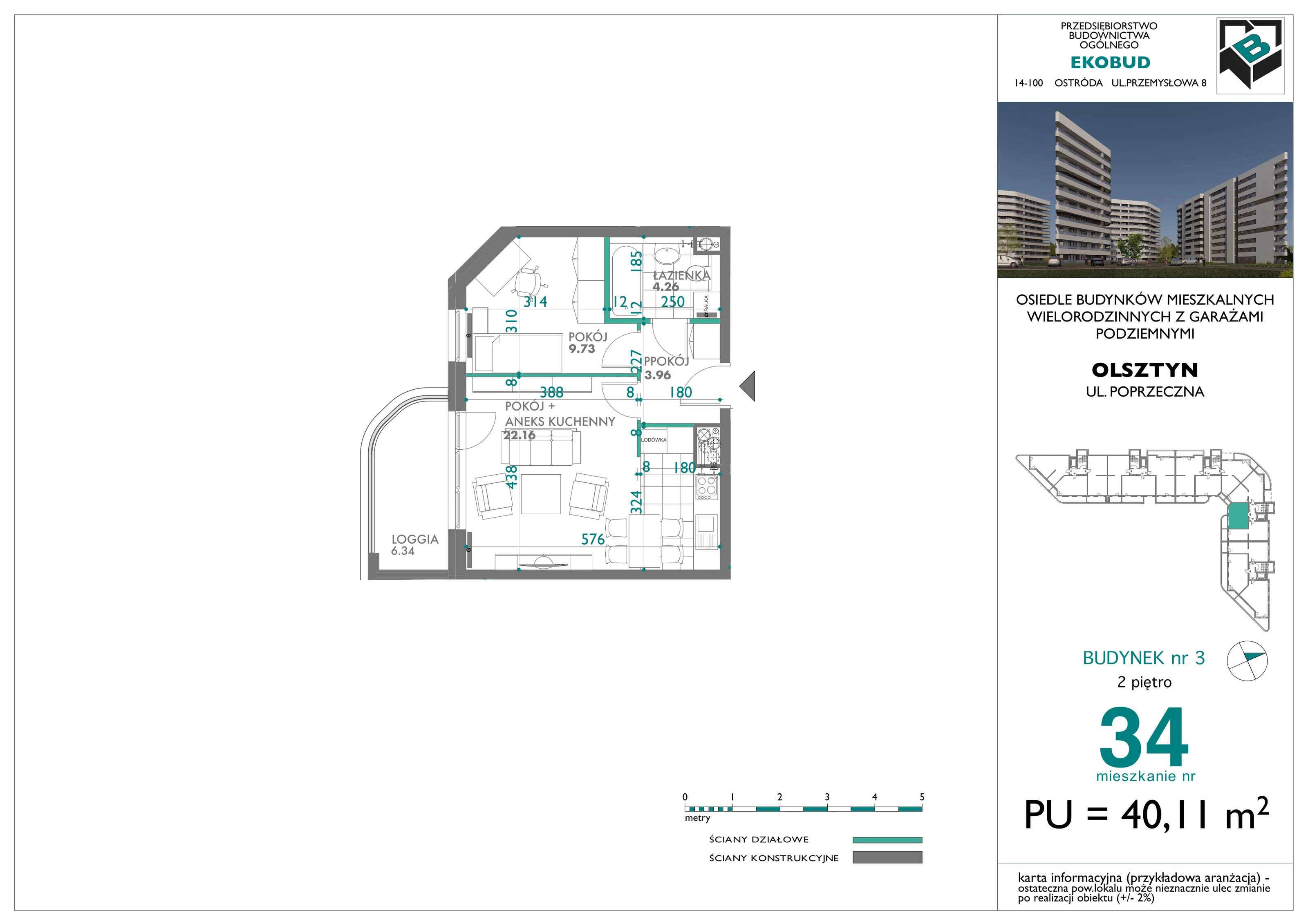 2 pokoje, mieszkanie 40,11 m², piętro 2, oferta nr 34, Quatro, Olsztyn, Zatorze, ul. Poprzeczna