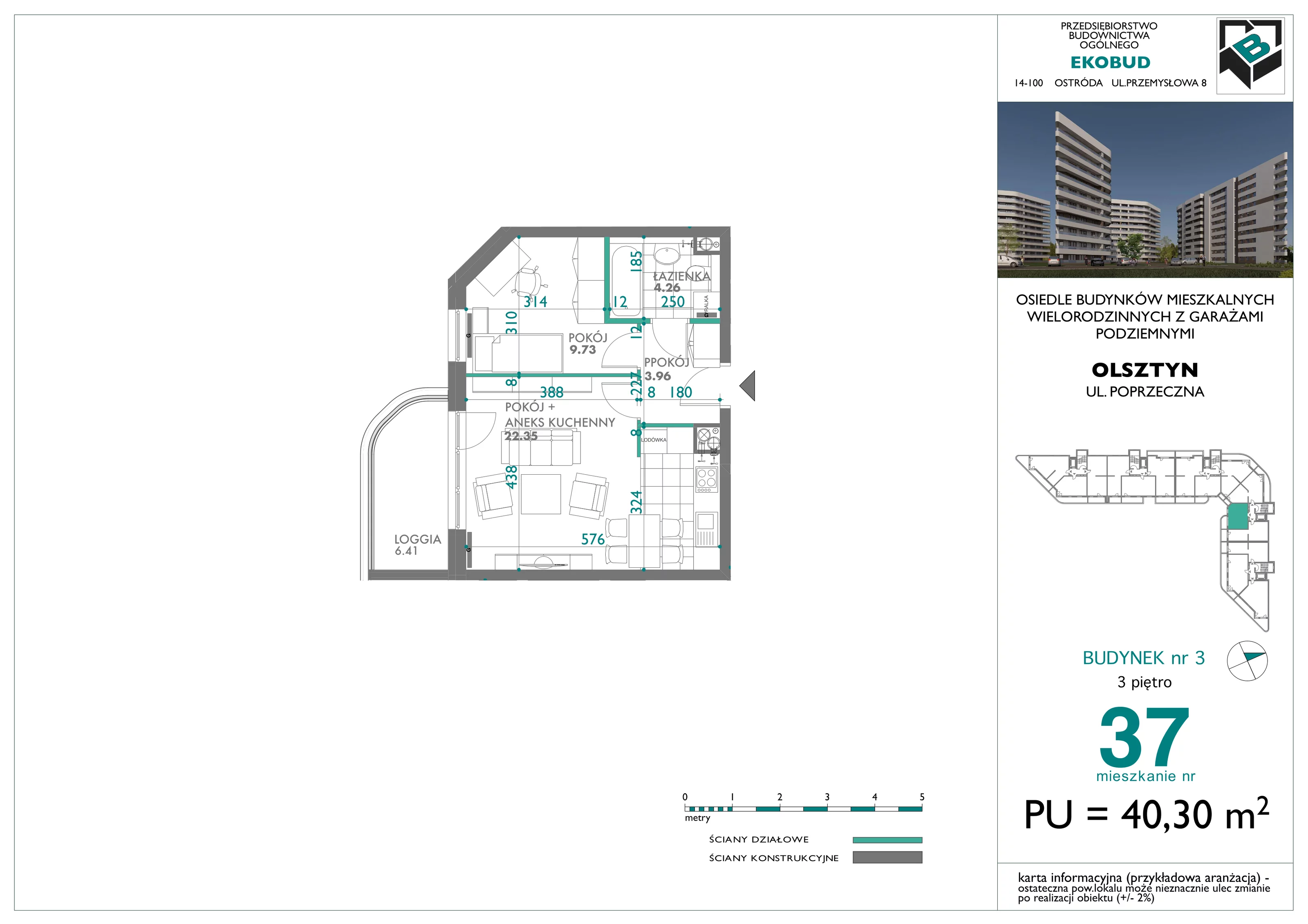 2 pokoje, mieszkanie 40,30 m², piętro 3, oferta nr 37, Quatro, Olsztyn, Zatorze, ul. Poprzeczna