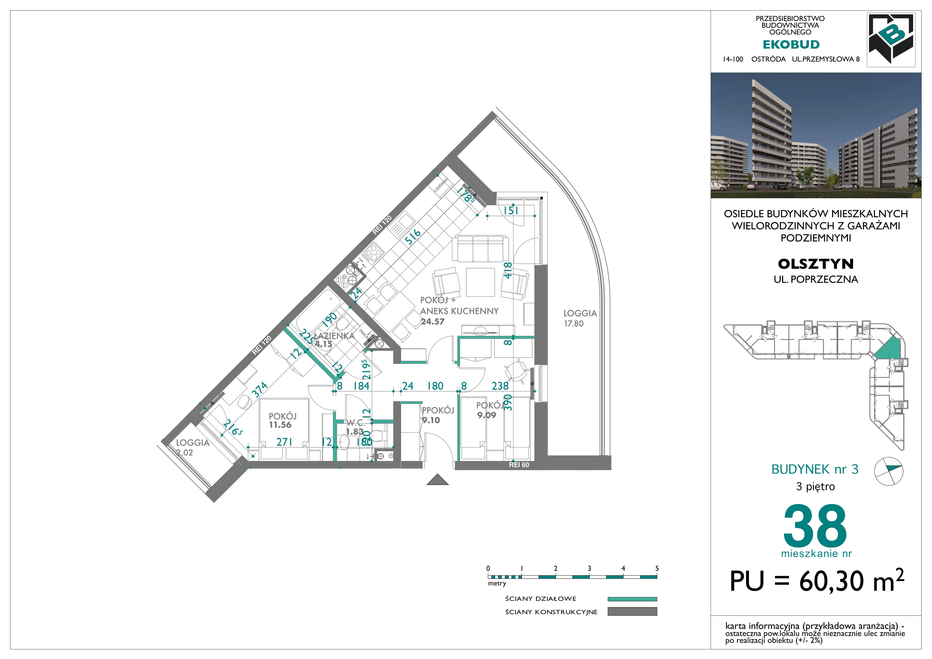 3 pokoje, mieszkanie 60,30 m², piętro 3, oferta nr 38, Quatro, Olsztyn, Zatorze, ul. Poprzeczna