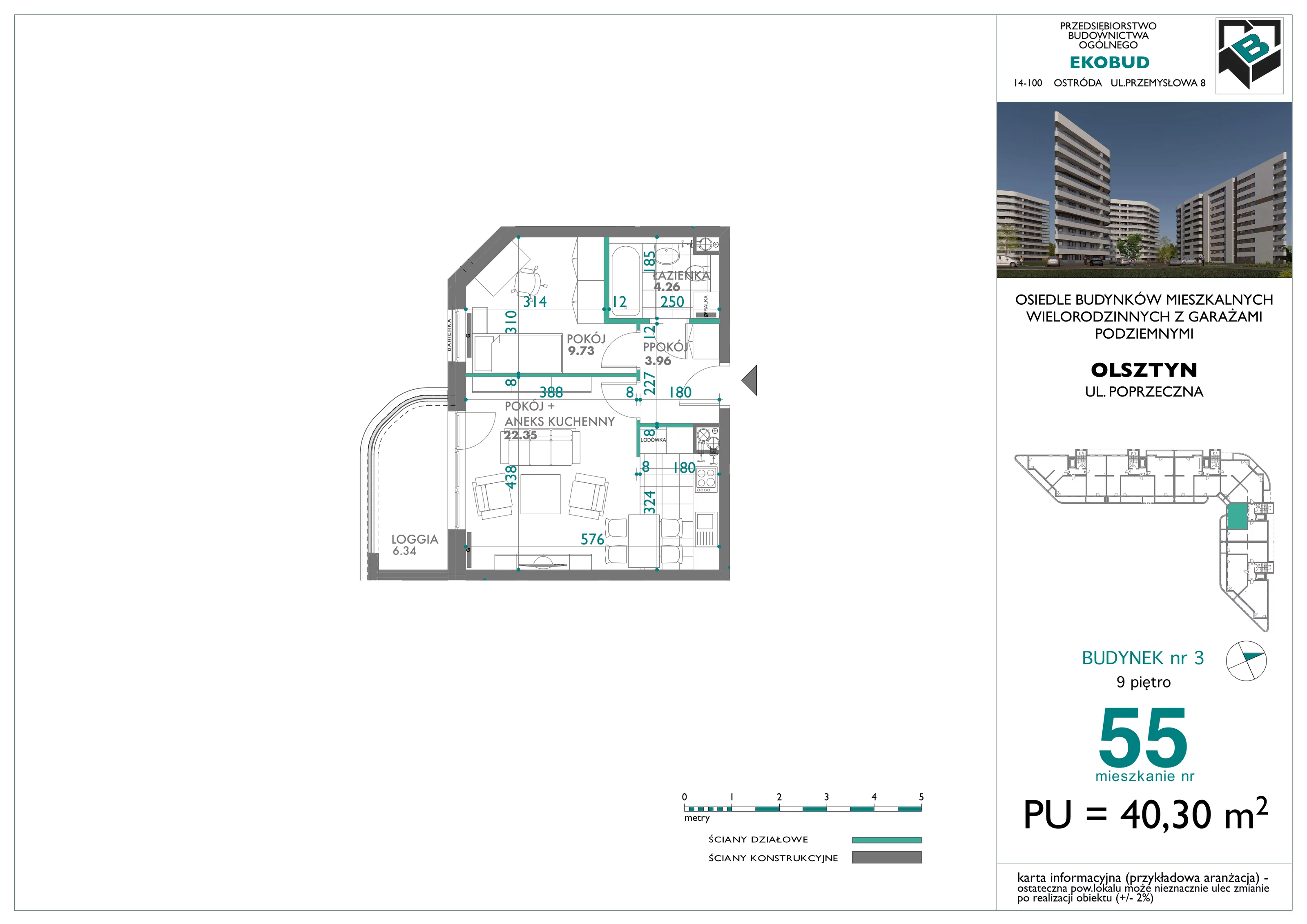 2 pokoje, mieszkanie 40,30 m², piętro 9, oferta nr 55, Quatro, Olsztyn, Zatorze, ul. Poprzeczna