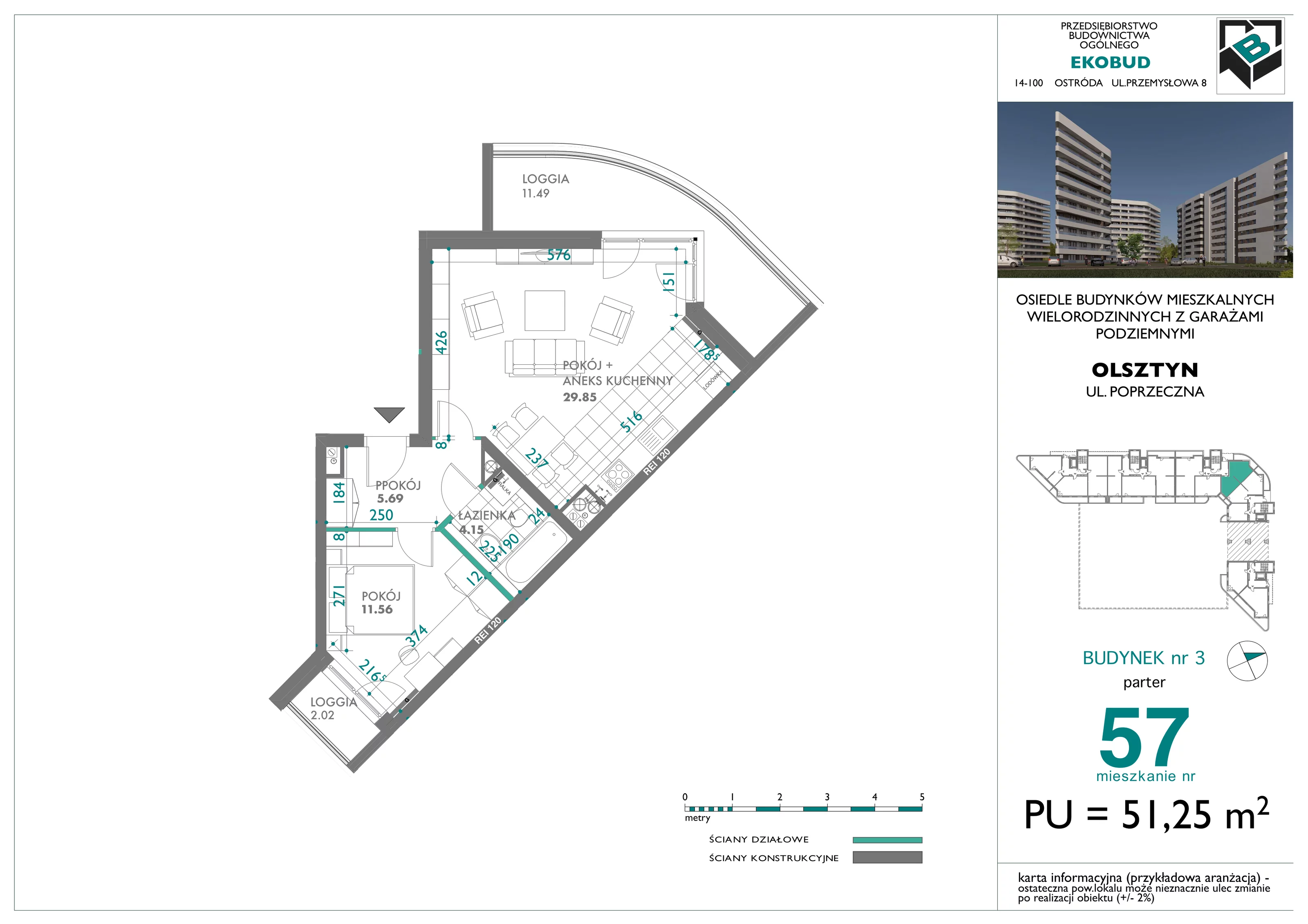 2 pokoje, mieszkanie 51,25 m², parter, oferta nr 57, Quatro, Olsztyn, Zatorze, ul. Poprzeczna