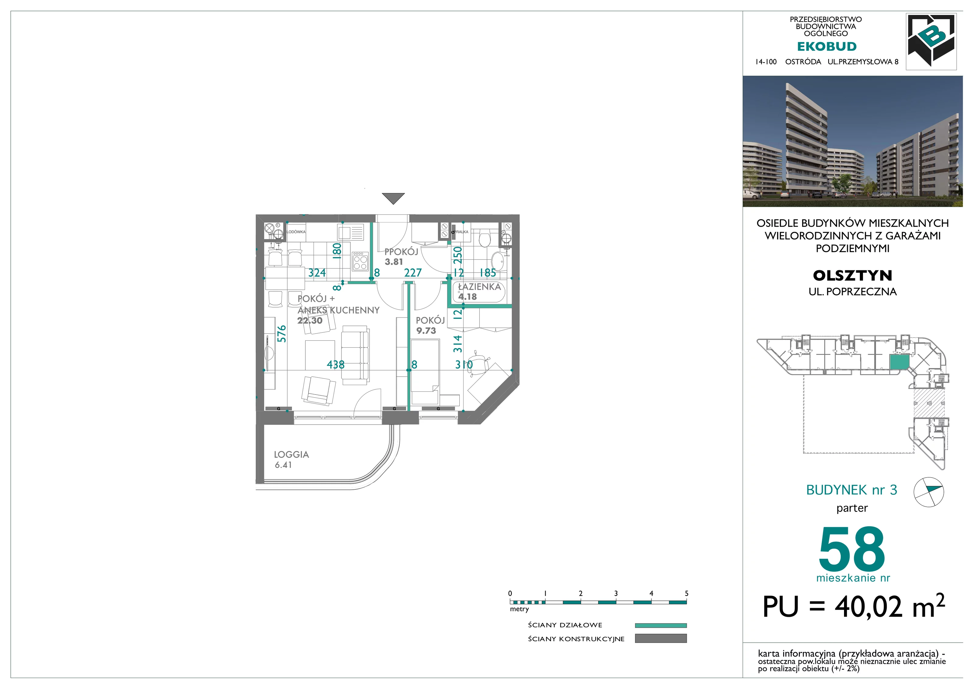 2 pokoje, mieszkanie 40,02 m², parter, oferta nr 58, Quatro, Olsztyn, Zatorze, ul. Poprzeczna