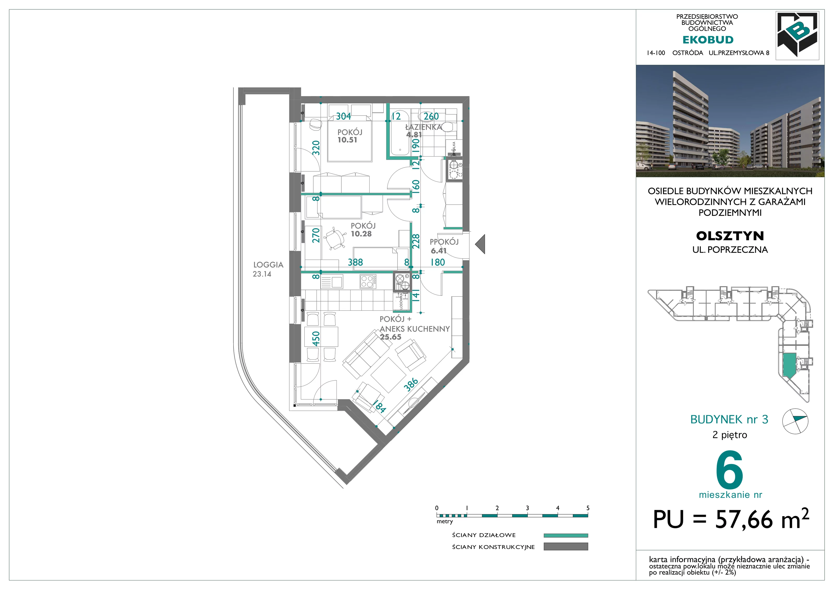 3 pokoje, mieszkanie 57,66 m², piętro 2, oferta nr 6, Quatro, Olsztyn, Zatorze, ul. Poprzeczna