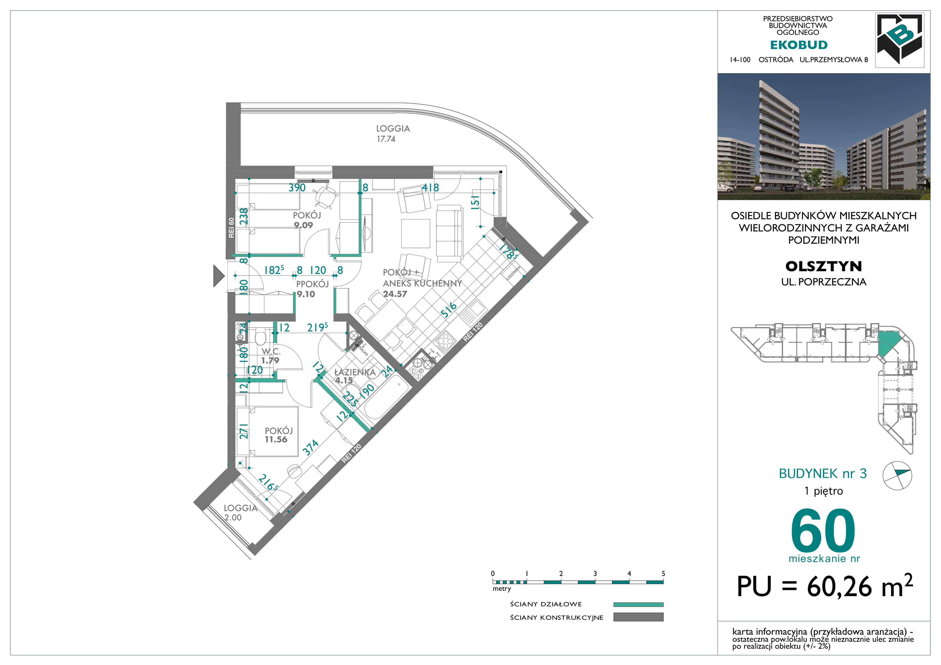 3 pokoje, mieszkanie 60,26 m², piętro 1, oferta nr 60, Quatro, Olsztyn, Zatorze, ul. Poprzeczna